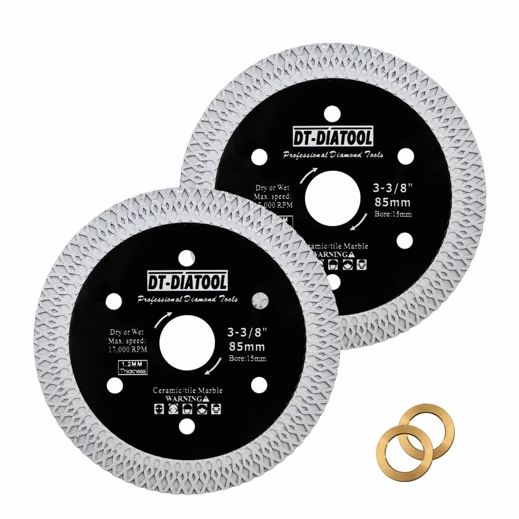 DT-DIATOOL Diamentowa tarcza do płytek 85 mm 2-pak cięcia porcelany płytki ceramiczne marmur granit brzeszczot do piły tarczowej z segmentem siatki X Mesh Arbor 10 mm-15 mm