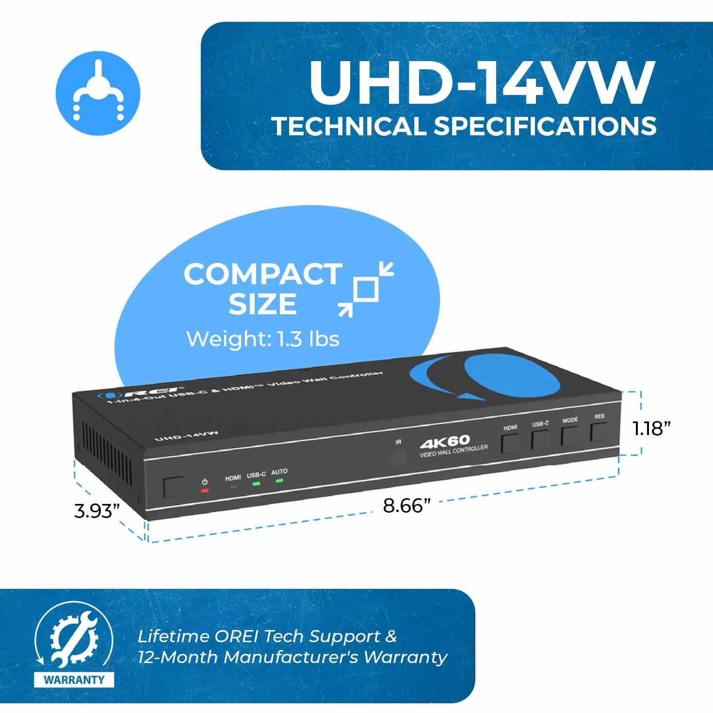 ORIE 4K HDMI USB-C Video Wall Controller 2x2 60Hz RS-232 180 Degree Rotate