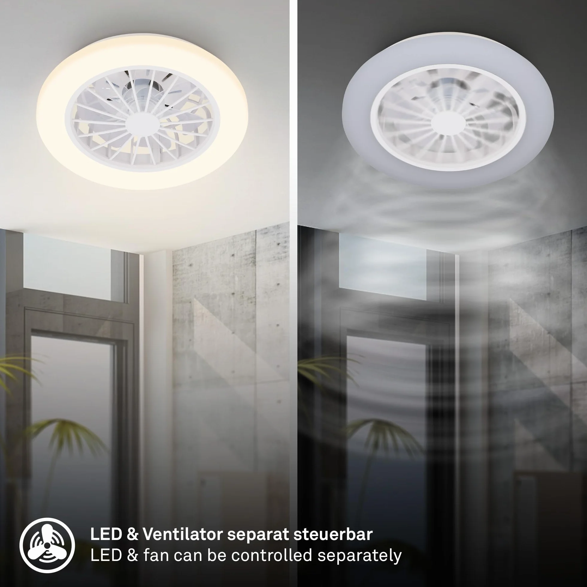 BRILONER - Lampa sufitowa z wentylatorem LED CCT, 24 W i 2600 lm, 5 prędkości, regulowana temperatura barwowa 3000–6500 K, pilot, ściemnianie, timer, tryb lato/zima, 38 x 14 cm, biała