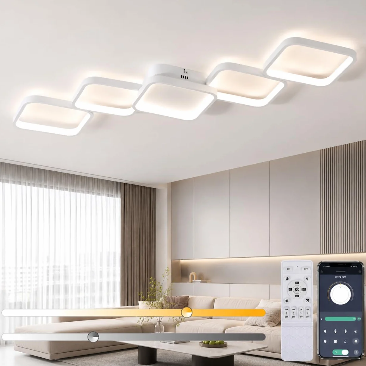 Ściemnialna Lampa Sufitowa LED 54W z pilotem i aplikacją, Biały Nowoczesna Lampa do Salonu, Sypialni, Przedpokoju, Kuchni, 5400LM, Regulacja Temperatury Barwowej 3000K-6000K, Pamięć Ustawień