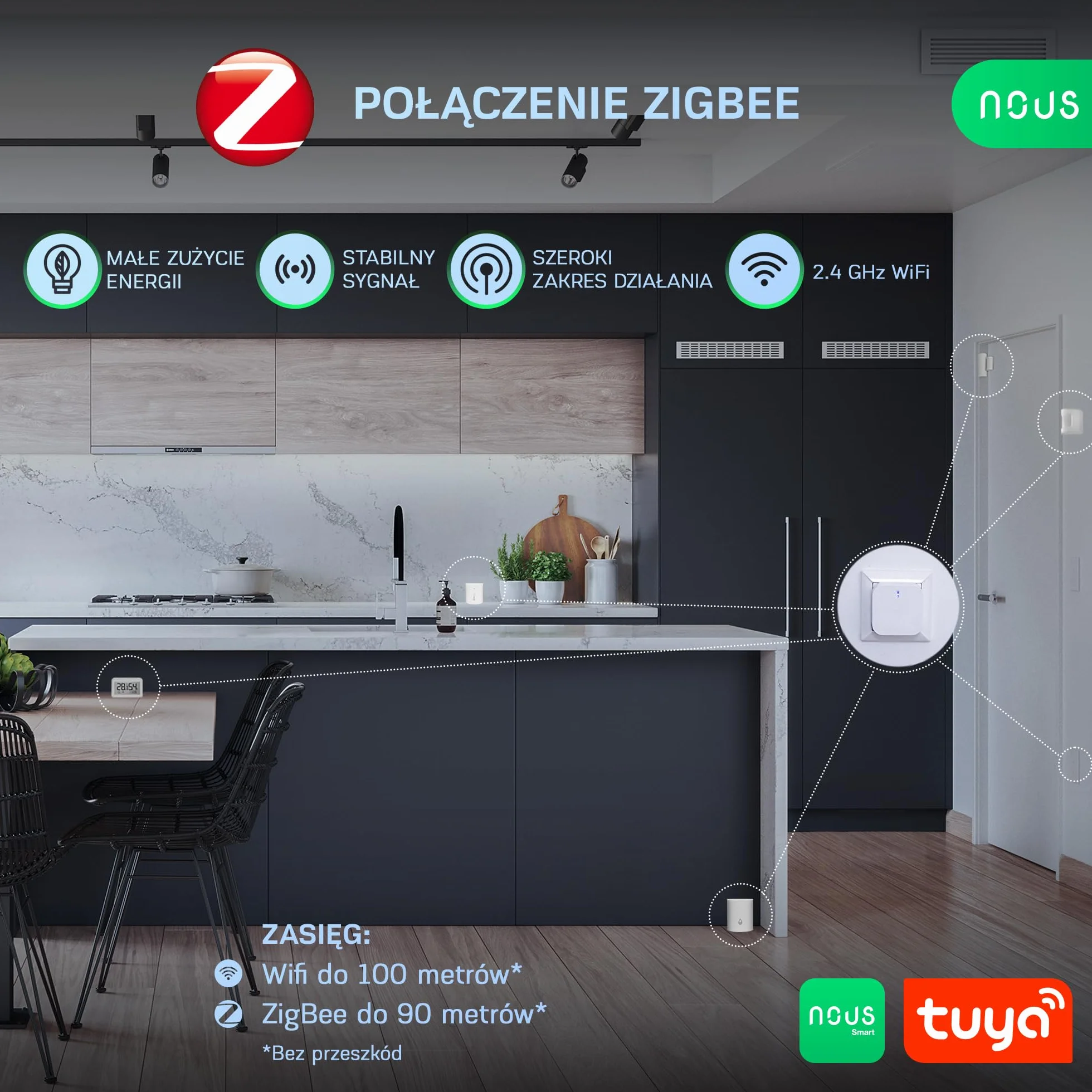NOUS E1 ZigBee Gateway, koncentrator ZigBee / Bluetooth, ZigBee Bridge, ZigBee Smart Home, ZigBee Gateway Alexa, Gateway ZigBee Smart Home, ZigBee 3.0, Bluetooth, aplikacja Smart Life/Tuya