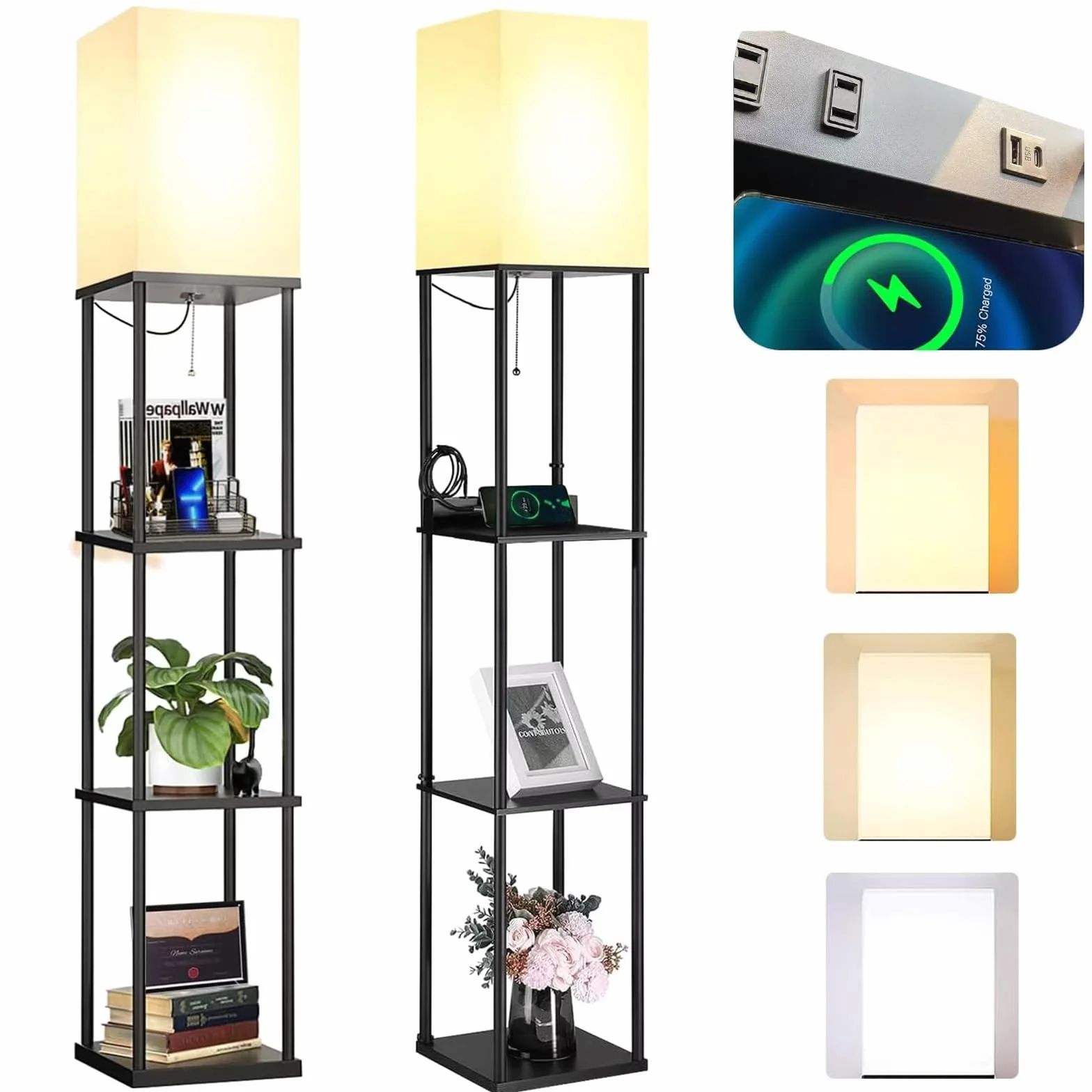 2 opakowania Lampa podłogowa z półkami, w tym 2 gniazda AC i 2 porty USB 9 W żarówka LED 3 temperatury barwowe miękka/chłodna/światło dzienne białe w. 1 szt. adapter z 2 bolcami do salonu/sypialni