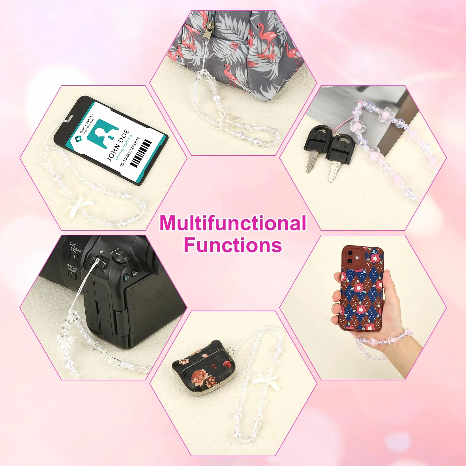 Koralik Phone Charm Krysztalowa Perla z Kwiatem Motyla Telefon Pasek na Nadgarstek Bransoletka Smycz dla Kobiet (Bialy, Fioletowy)