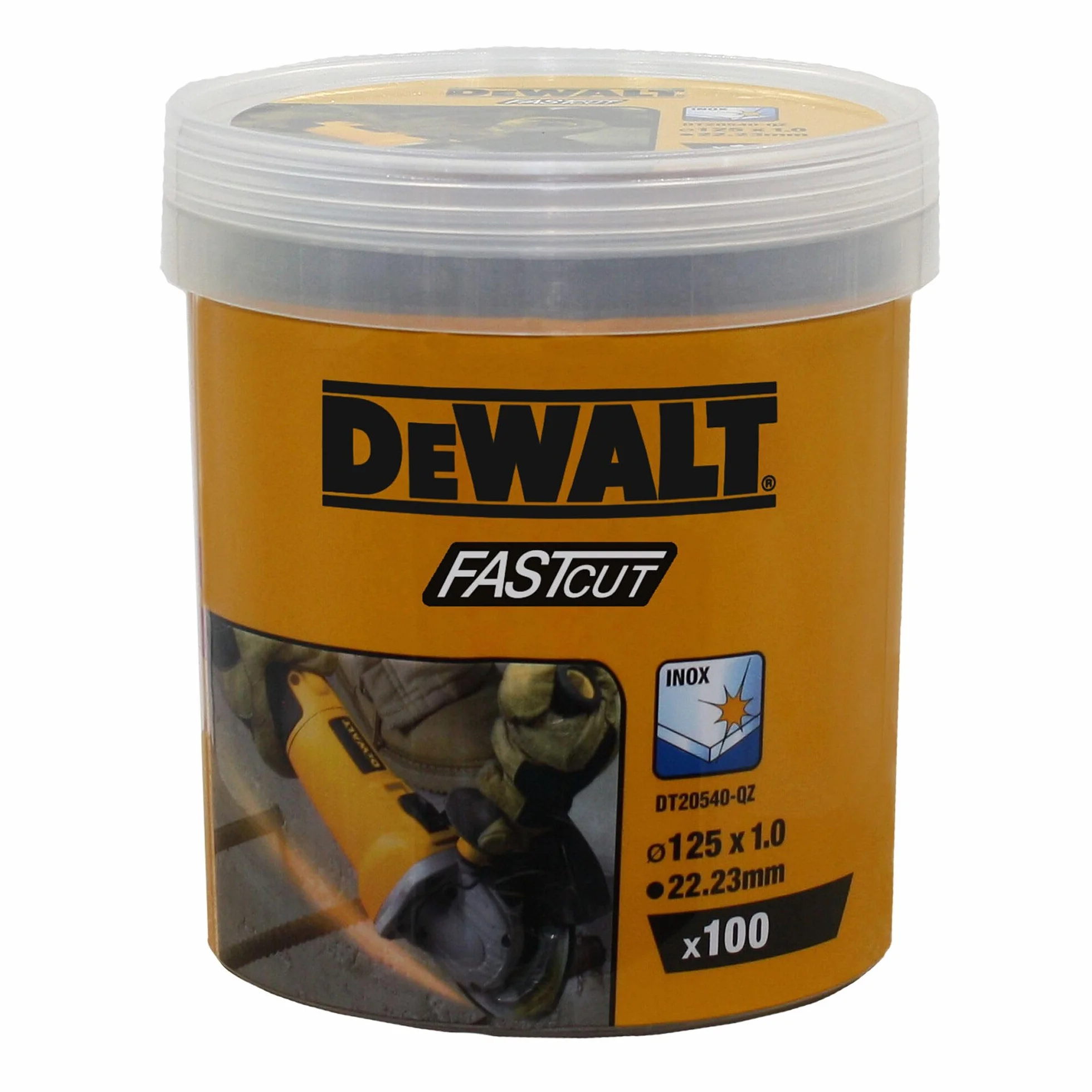 Dewalt High Performance tarcze tnące DT20540 (Ø 125 mm x 1,0 mm, typ 41 (płaskie), otwór 22,23 mm, do stali Inox, z tlenkiem glinu, do stosowania na szlifierkach kątowych, 100 sztuk w wiaderku)