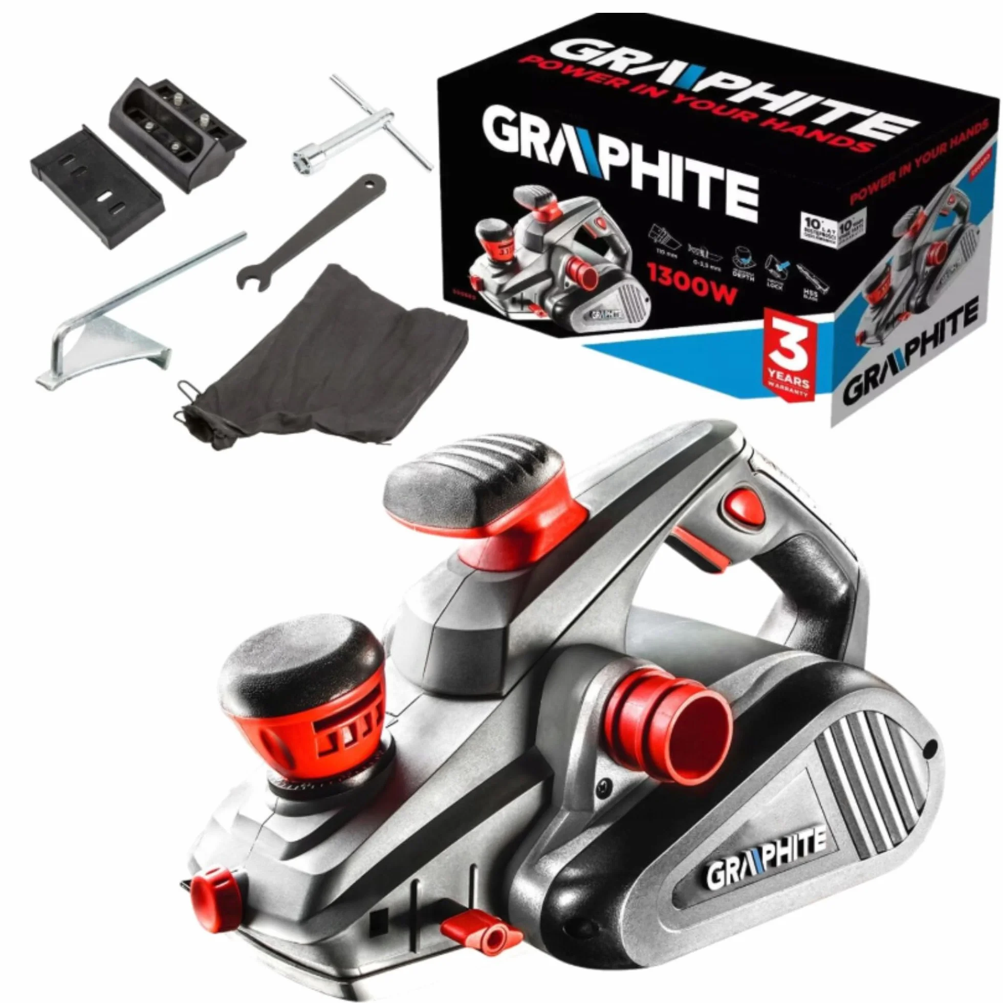 Strug elektryczny 1300W, g³êbokoœæ strugania 3.5 mm, szerokoœæ strugania 110 mm GRAPHITE 59G680