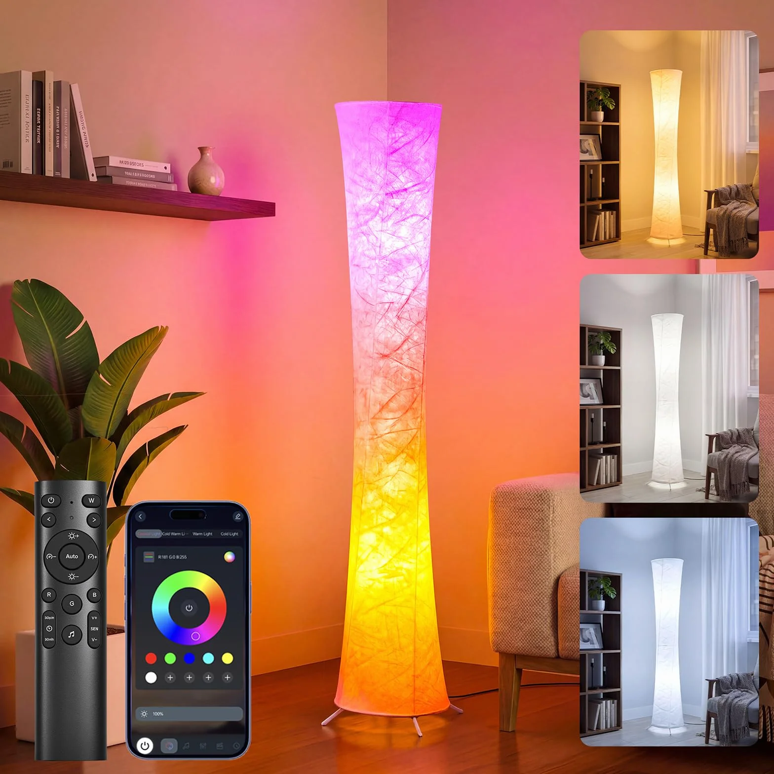 Okrągła lampa podłogowa, narożna lampa podłogowa RGB LED z synchronizacją muzyki, 16 W + kolorami i 3 temperaturami barwowymi, aplikacja i pilot zdalnego sterowania, nowoczesna lampa