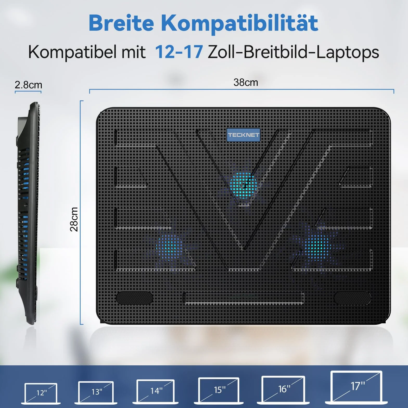 TECKNET Podkładki chłodzące do laptopa 12-17 cali, chłodzenie laptopa i notebooka, podstawka chłodząca, 2 porty USB, 3 wentylatory z diodami LED