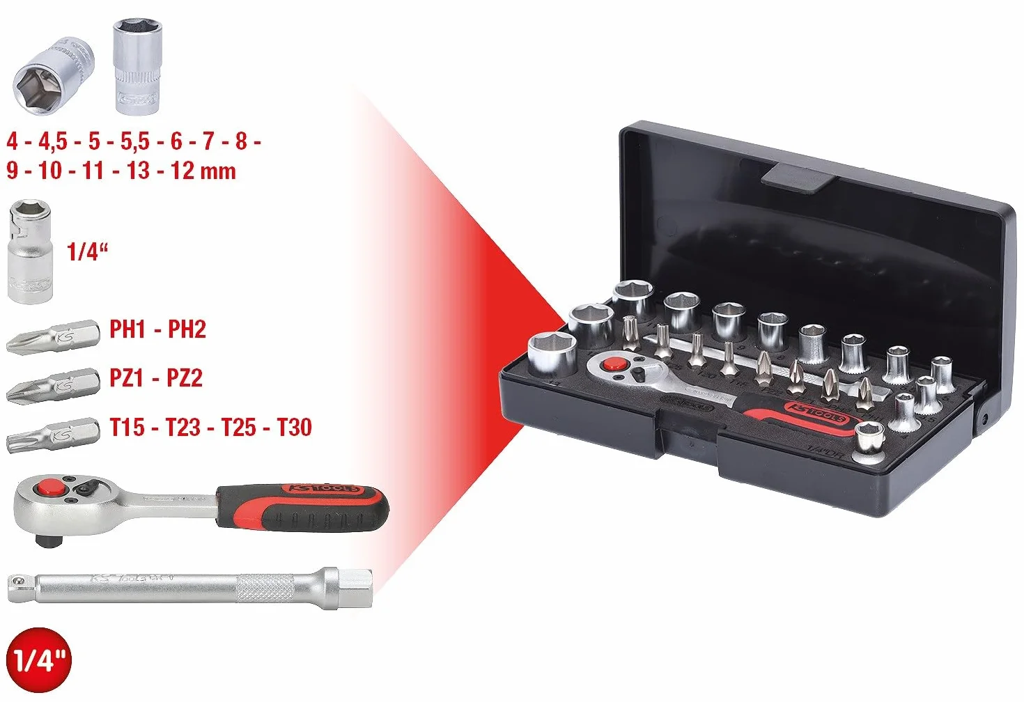 KS Tools 911.0623 1/4" Zestaw kluczy nasadowych, 23-szt