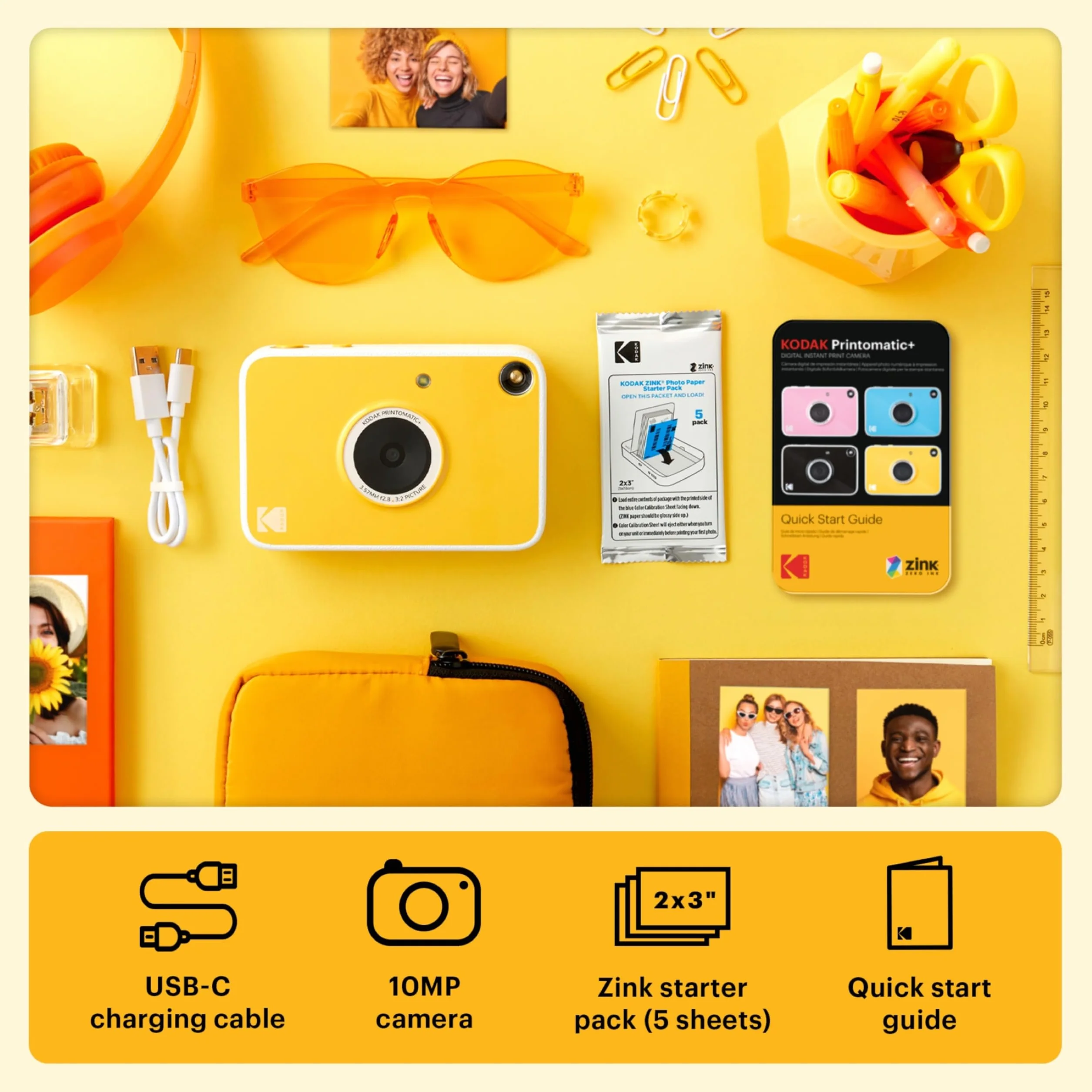 KODAK Printomatic+ 10MP Kolorowy Aparat Natychmiastowy Zestaw Prezentowy z Etui, Papierem Zink 20 ark., Albumem i Naklejkami – Żółty
