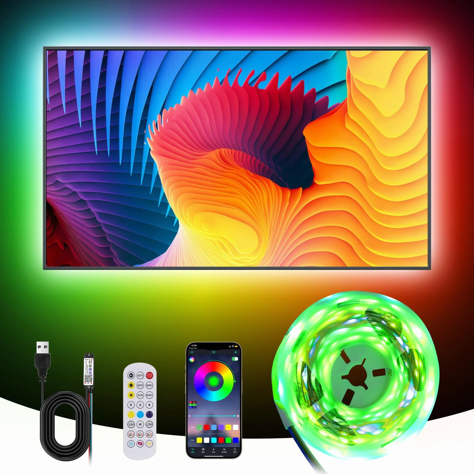 Taśma LED RGBIC 5M, podświetlenie telewizora LED dla telewizorów 65 do 75 cali, inteligentne podświetlenie LED, z kontrolą aplikacji i ulepszonym pilotem RF 2.4G, na imprezę dekoracyjną TV