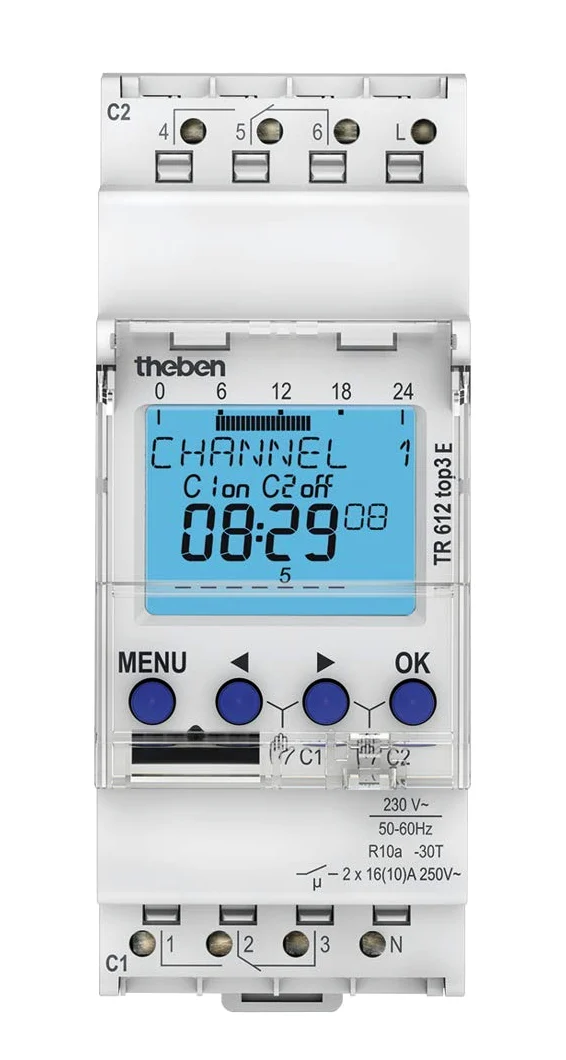 Theben 6120087 TR 612 top3 E I cyfrowy programator czasowy, 2-kanałowy, wersja Reimport bez niemieckiego wsparcia