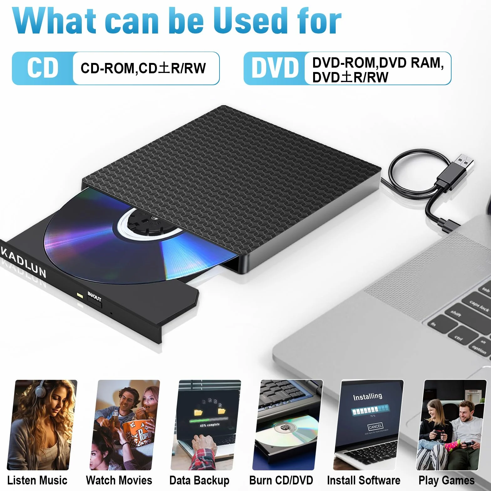 Zewnętrzny napęd DVD CD, USB 3.0 USB C, zewnętrzny napęd CD dla laptopa, komputera stacjonarnego, PC, Macbook, iMac, nagrywarka DVD +/-RW, napęd optyczny, zewnętrzny napęd DVD dla Windows 11/10/8/7/XP