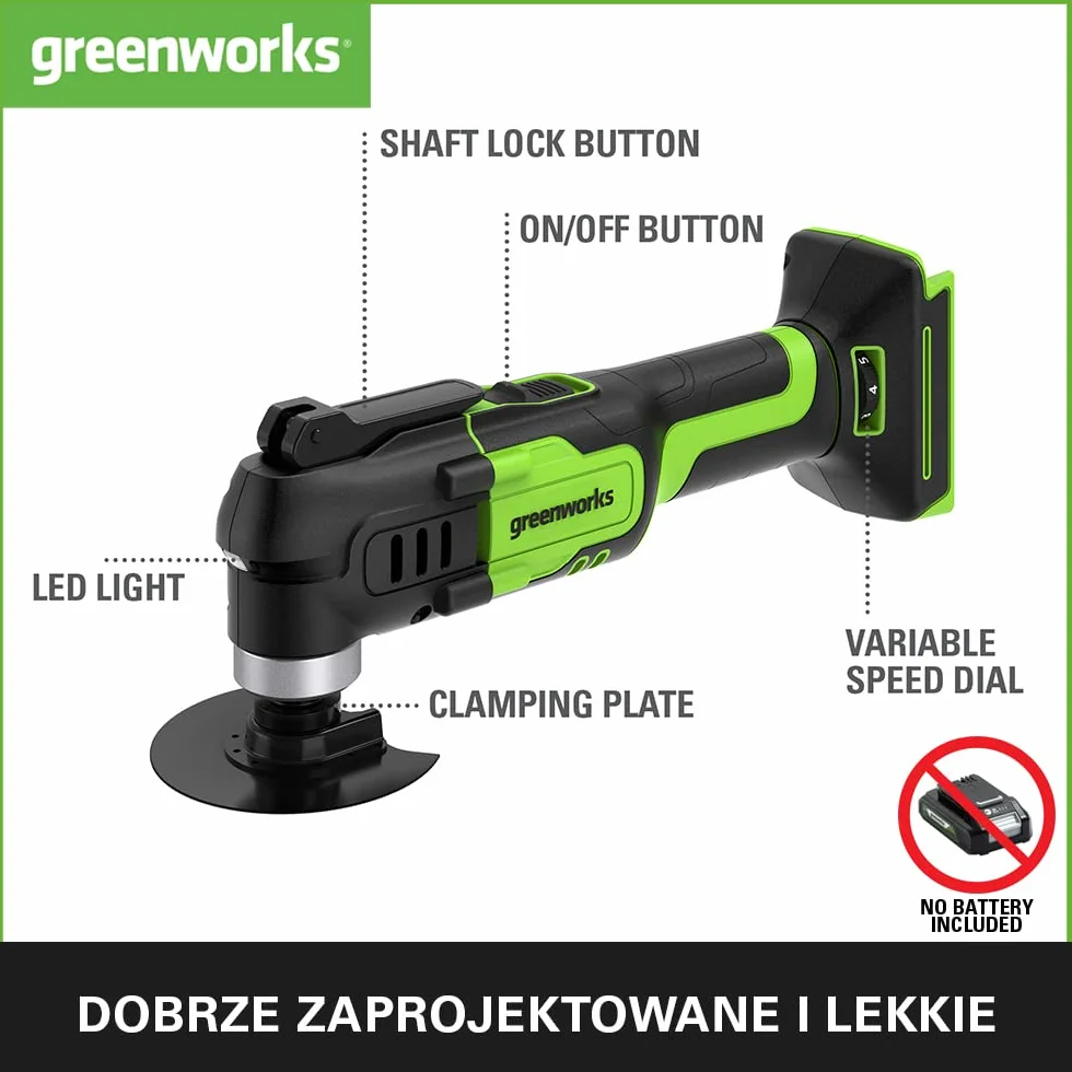 Greenworks 24V Narzędzie wielofunkcyjne G24MT (Li-Ion 24V 18000 drgań na minutę 3° łuk oscylacyjny regulacja prędkości beznarzędziowa wymiana osprzętu lampka LED bez akumulatora i ładowarki)