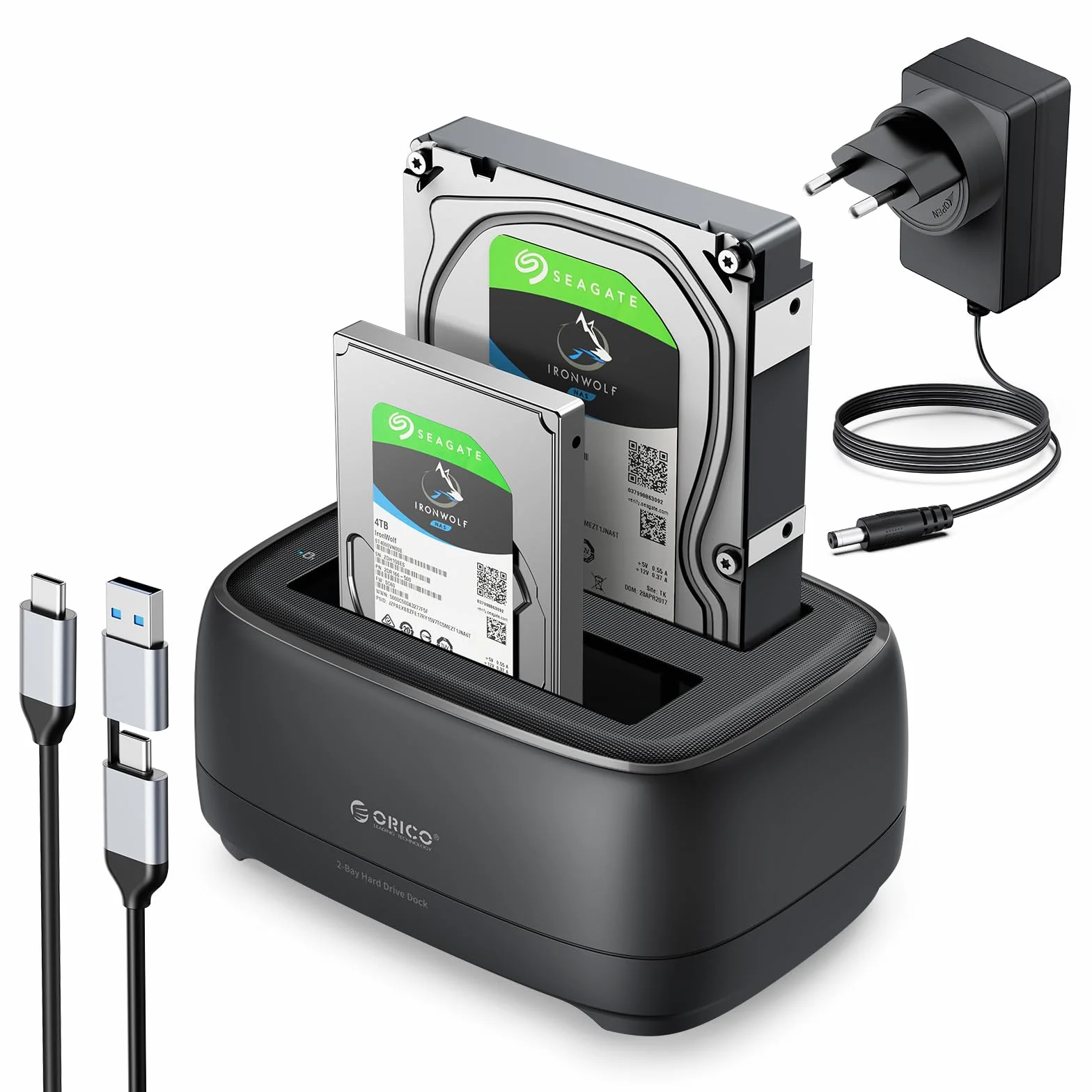 ORICO Stacja dokująca do dysków twardych z dwoma kieszeniami USB 3.2 Gen 1, obudowa dysku twardego do wszystkich standardowych dysków twardych 2,5" i 3,5" HDD/SSD do 2 x 20 TB z zasilaczem 12 V 3 A