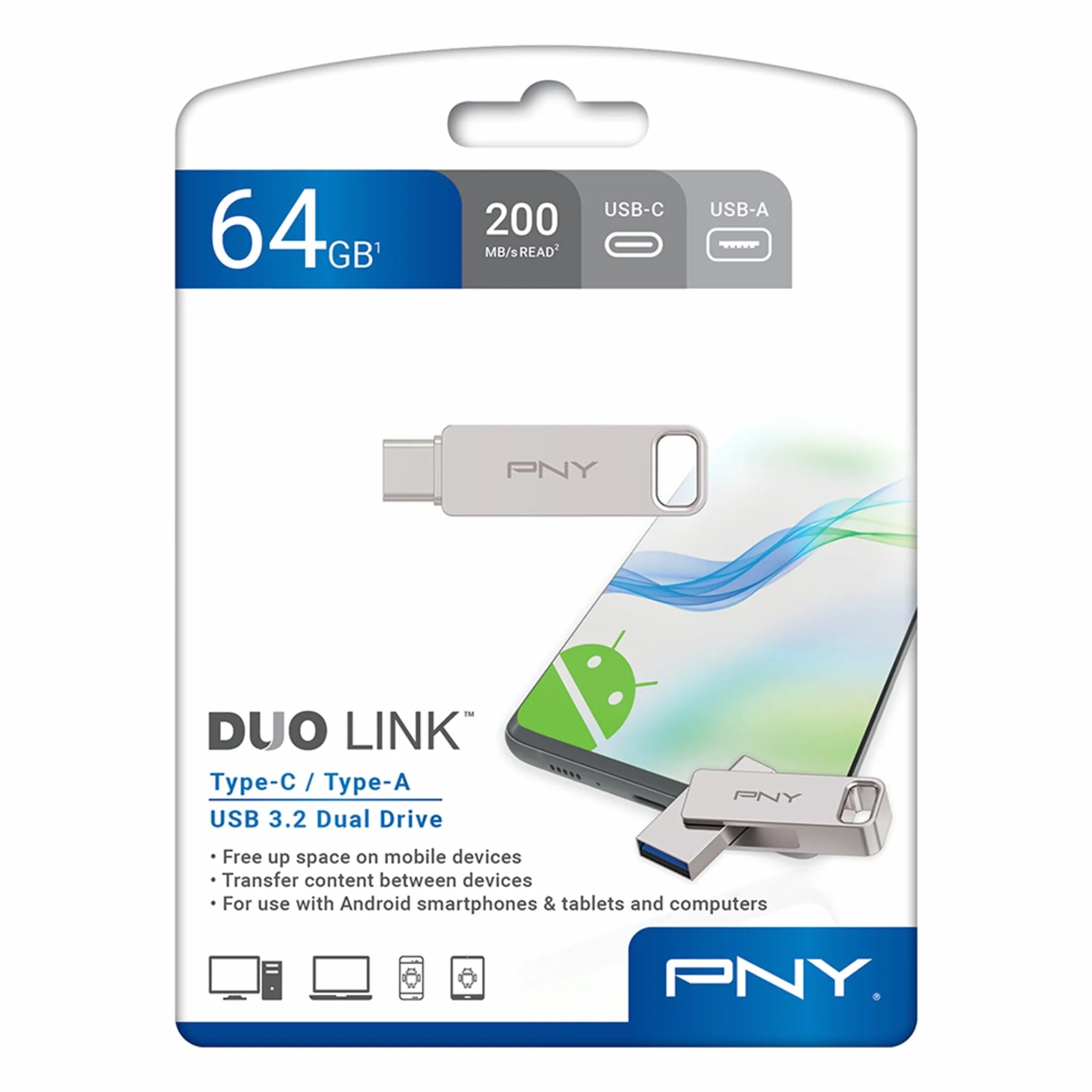 PNY 64 GB Duo Link USB 3.2 typu C podwójny dysk flash do urządzeń z systemem Android i komputerów, zewnętrzna mobilna pamięć do zdjęć, filmów i innych urządzeń - 200 MB/s
