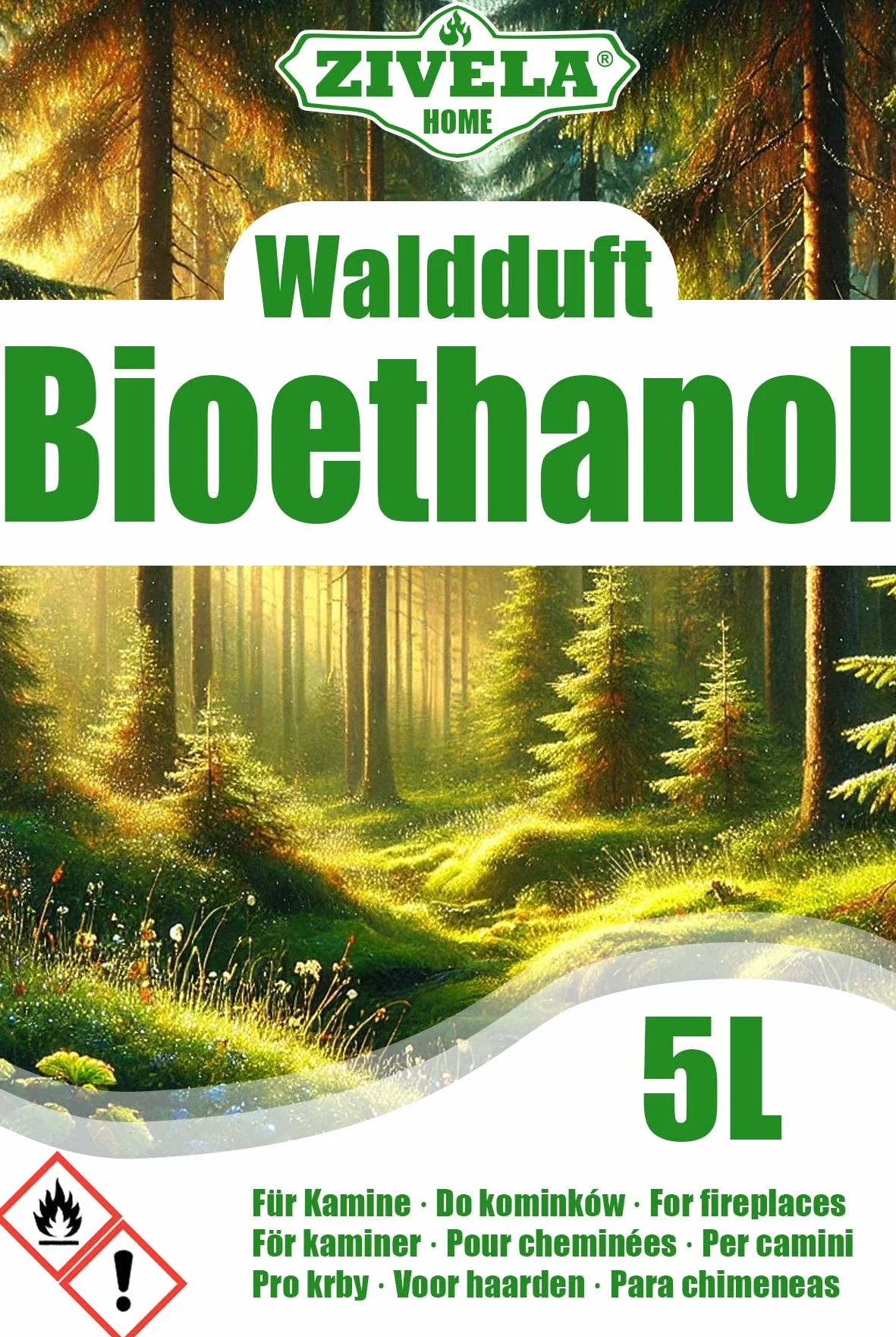 Bioetanol 96,6% 5 l | bioalkohol zapach lasu 96,6% 5 l | bioetanol do kominka, kominka stołowego, bioetanolu | zapach lasu | czyste spalanie, bez dymu, żywy i stabilny płomień