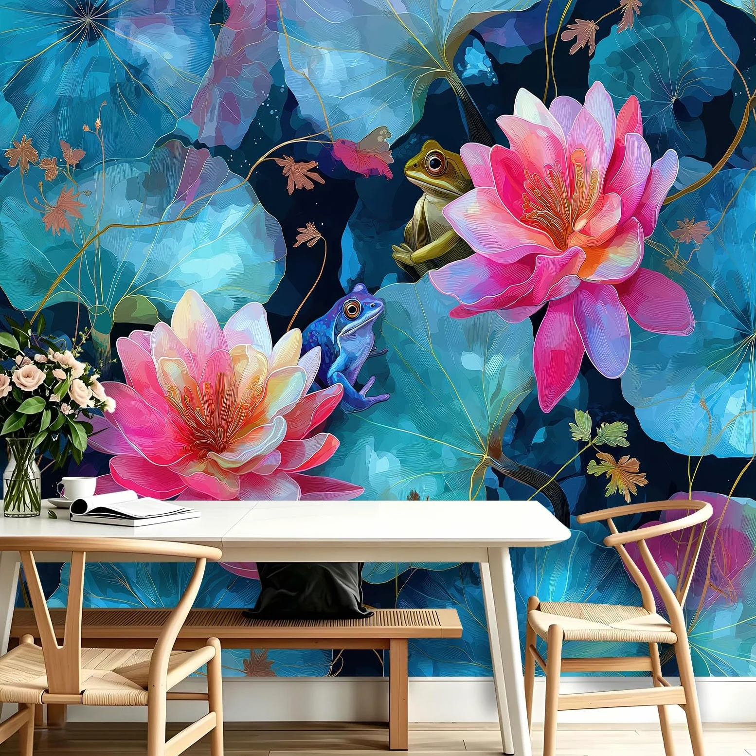 Fototapeta z efektem 3D, zwierzęta, żaby, akwarela – 250 x 175 cm, tapeta z włókniny, kwiatowe, lilie wodne, liście lotosu, tapeta ścienna, matowa i wodoszczelna, do salonu i sypialni, nowoczesna