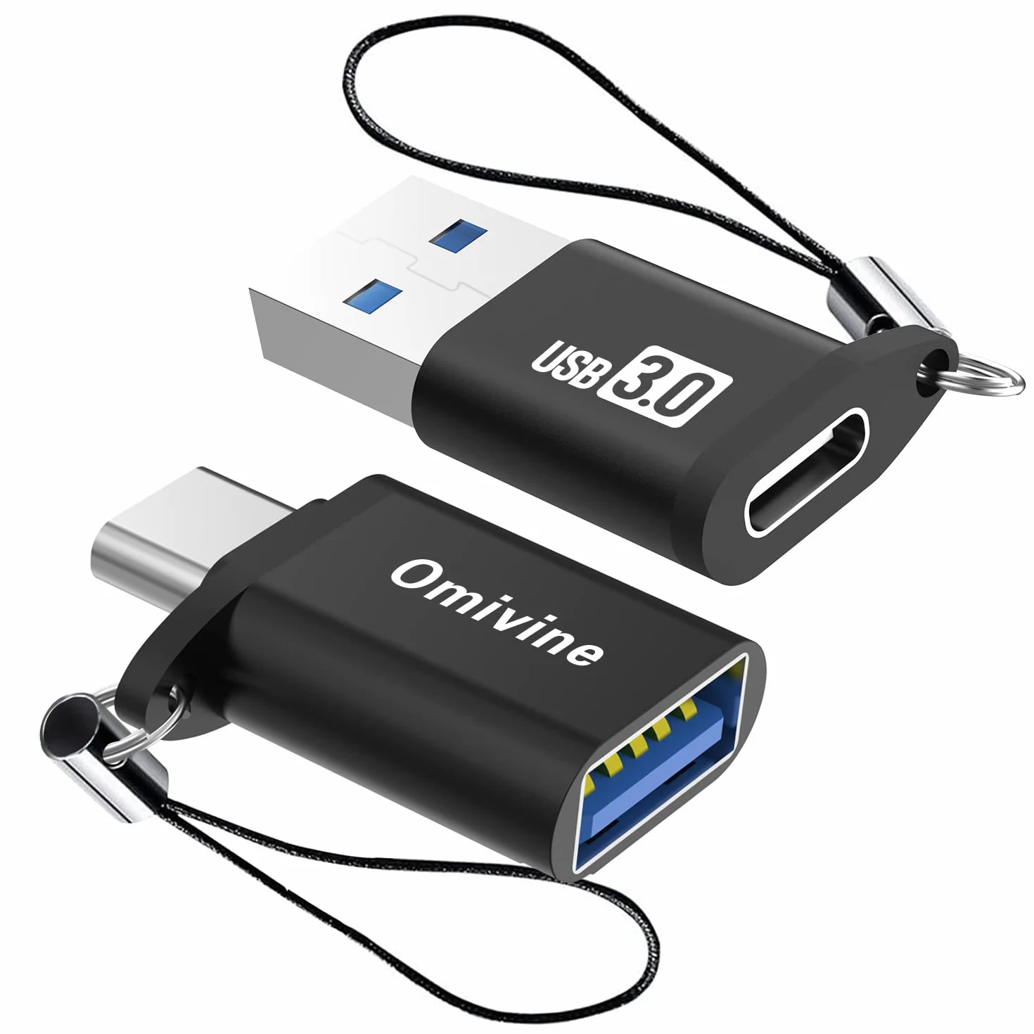 Omivine 2-pak adapter USB-C na USB 3.0 i adapter USB na typ C, 5 Gbit/s USB 3.0 OTG adapter z paskiem do noszenia, konwerter ładowarki do smartfona/laptopa/samochodu/powerbanku/koncentratora/słuchawek/mikrofonu