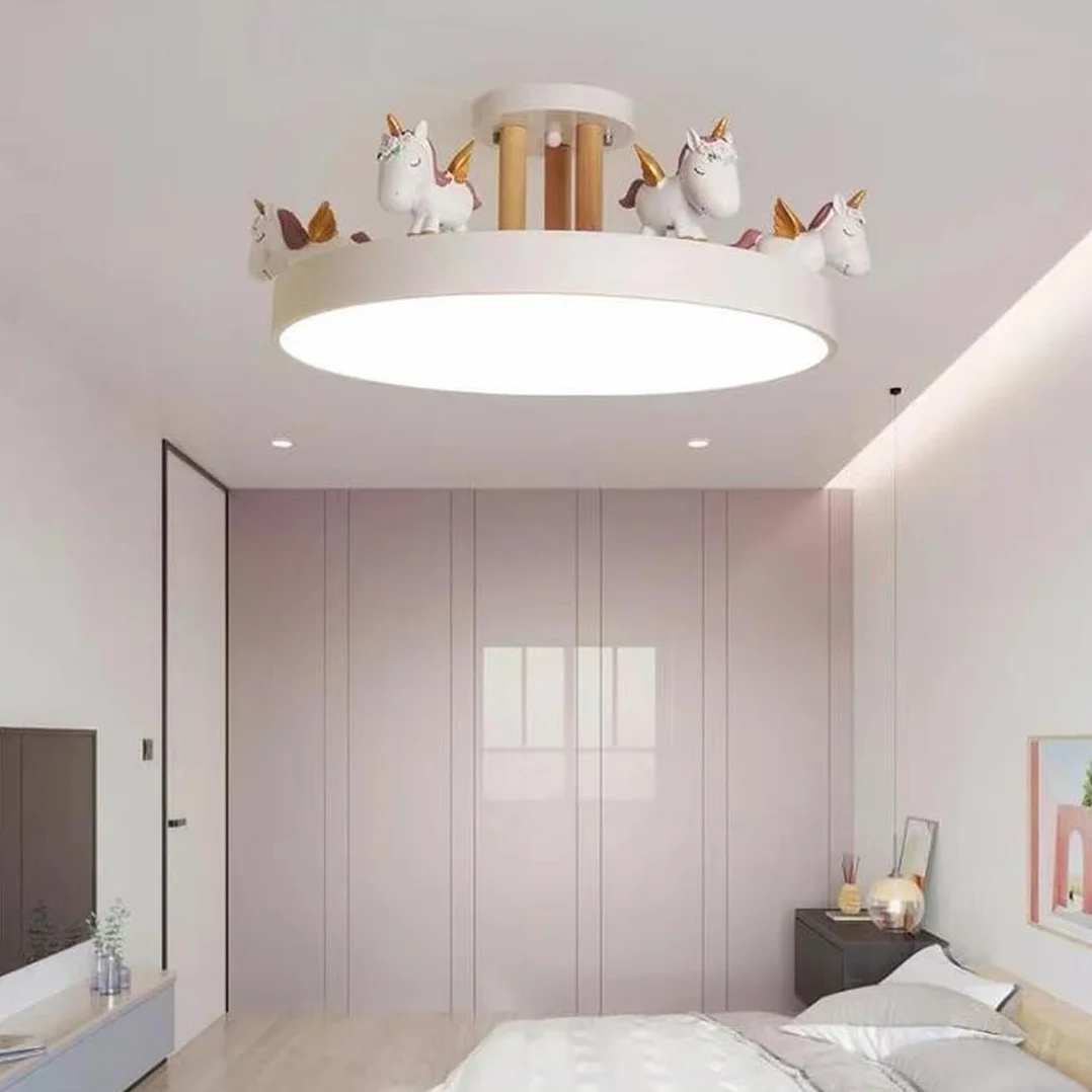 Lampa sufitowa do pokoju dziecięcego, biała, jednorożec, lampa LED, ściemniana, nowoczesna lampa sufitowa dla dzieci z pilotem zdalnego sterowania, 50 cm, okrągły akrylowy klosz, dekoracyjny żyrandol