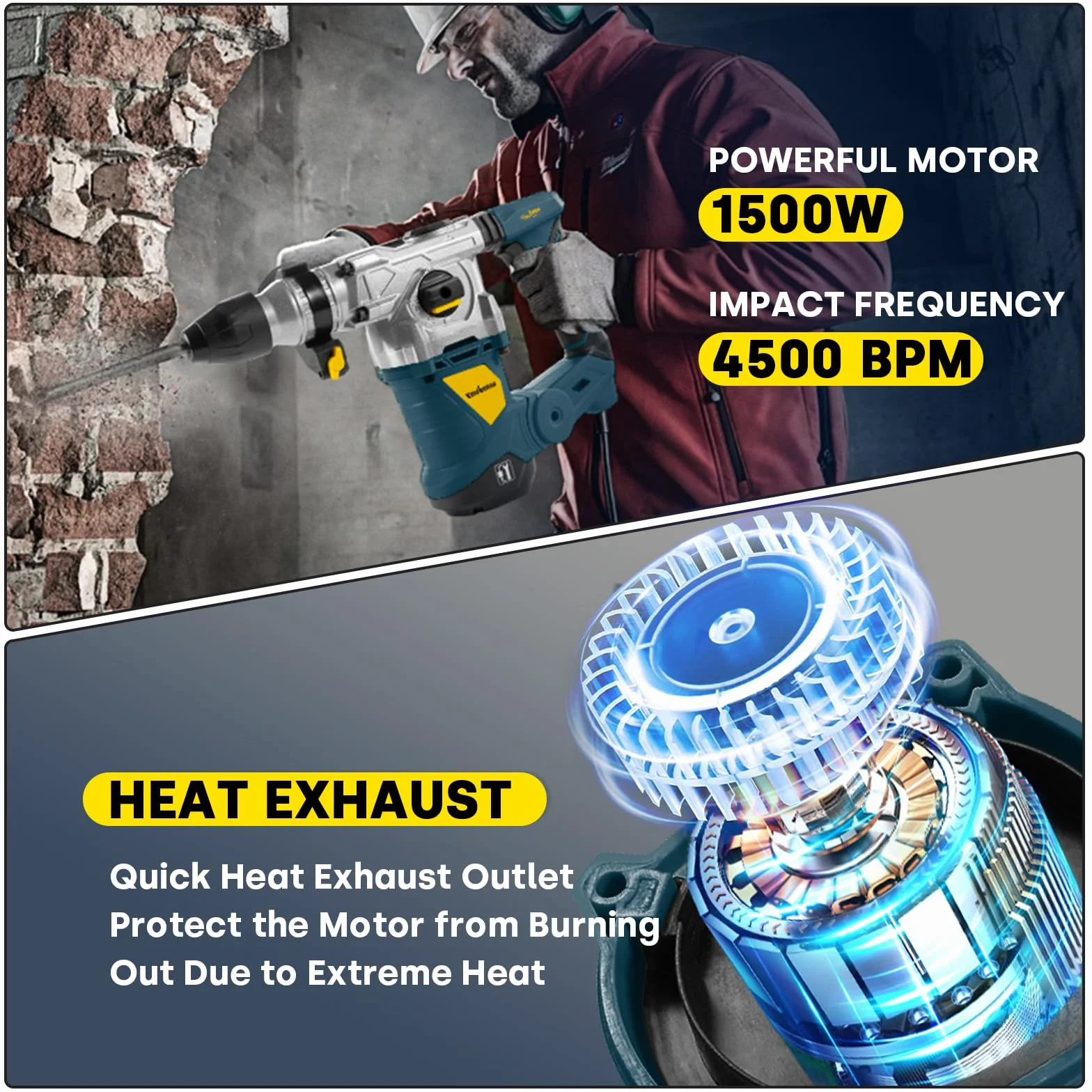 ENVENTOR SDS-Plus wiertarka udarowa 1500 W młot wyburzeniowy 6 J 4500 BPM niebieski