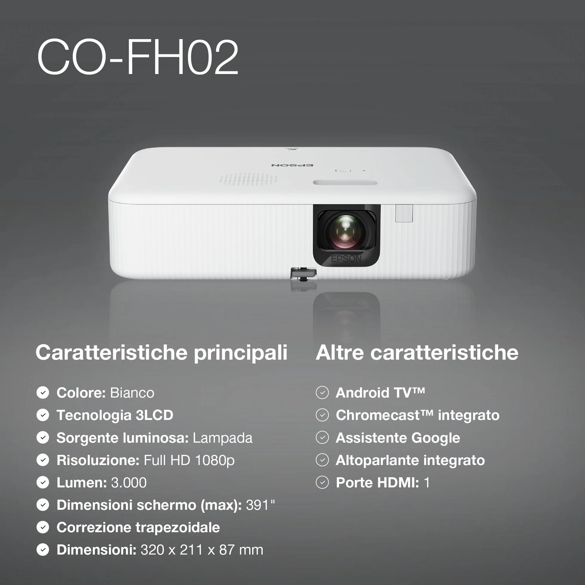 Epson CO-FH02 projektor 3LCD (Full HD 1920 x 1080p, 3000 lumenów, kolor biały i kolorowy, przekątna ekranu 9,93 m, Android TV, HDMI)