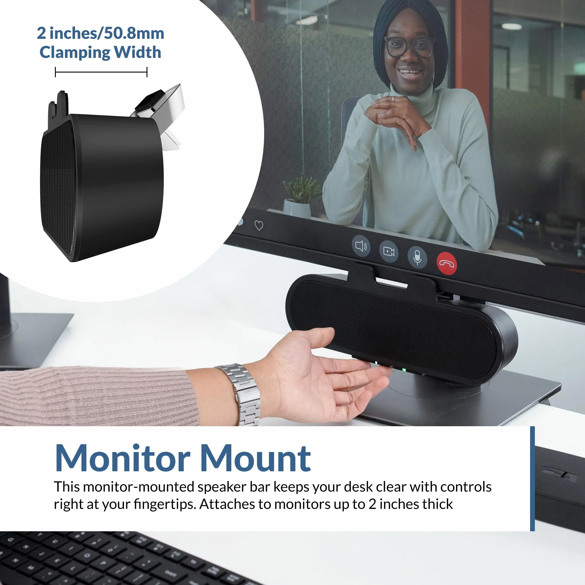 Cyber Acoustics Listwa głośnikowa USB i Bluetooth (CA-2890PRO) Głośnik zasilany przez USB z głośnikiem do PC i Bluetooth do smartfonów, zaciski do monitorów o grubości do 5 cm
