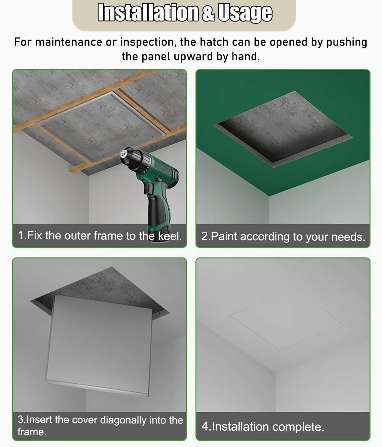 Panel dostępu sufitowego Niewidoczywy drzwi z płyt kartonowo-gipsowych Malowany aluminiowy Fe Push Open Inspect Cover do instalacji wodonoporowych Elektryczne otwory konserwacyjne