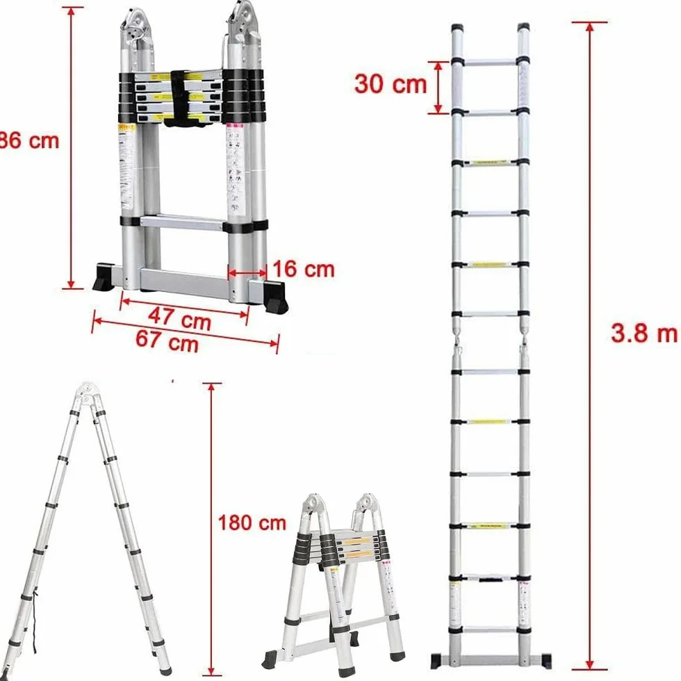 Drabina teleskopowa ze stali nierdzewnej, nośność 150 kg, certyfikat EN131, 3,8 m (1,9 m + 1,9 m), przenośna drabina