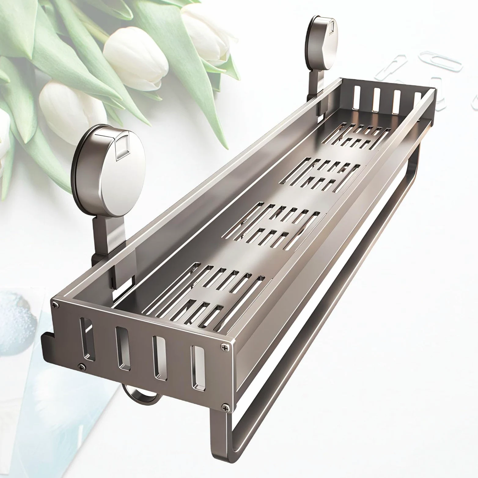 Wieszak na ręczniki bez wiercenia, 60 cm, przyssawka, półka łazienkowa z haczykami, aluminiowy uchwyt na ręczniki do kuchni i łazienki, oszczędność miejsca, łatwa instalacja