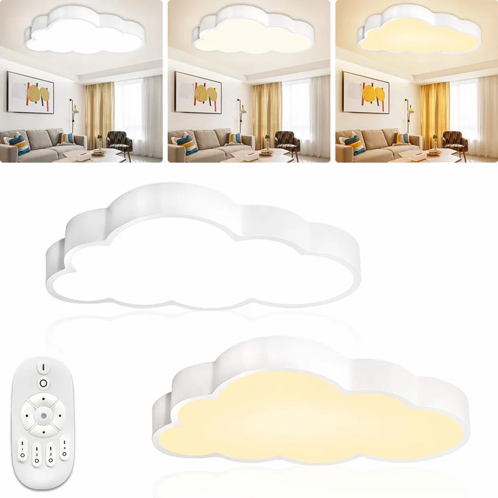 LZQ Lampa sufitowa LED, 48 W, do pokoju dziecięcego, ściemniana, chmury, lampa sufitowa, lampa do salonu, sypialni, z pilotem