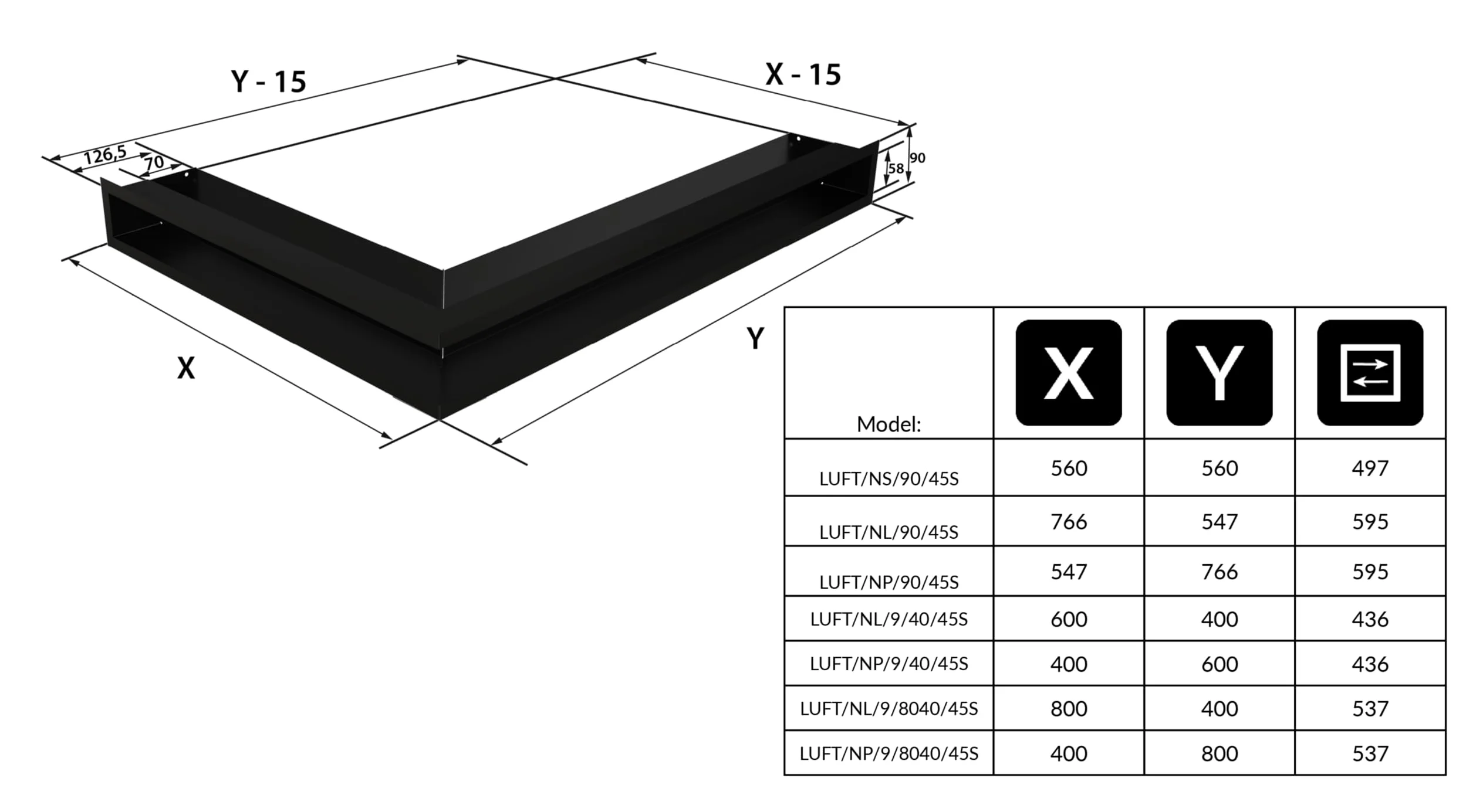 Kratka kominkowa narożnik powietrze prawa czarna 60x40x9 - KRATKI