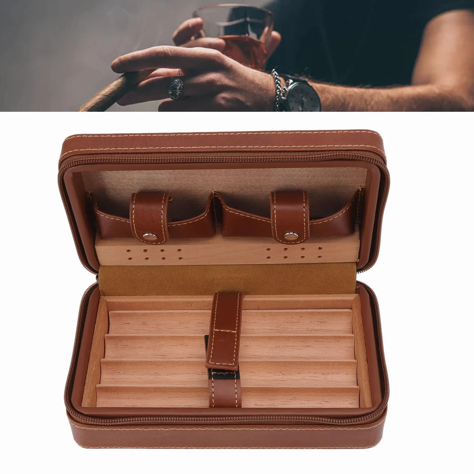 Humidor podróżny na cygara, etui na cygara, humidor na cygara, brązowe, przenośne, z podszewką z drewna cedrowego, nawilżacz powietrza, pudełko na cygara z torbą do przechowywania w podróży