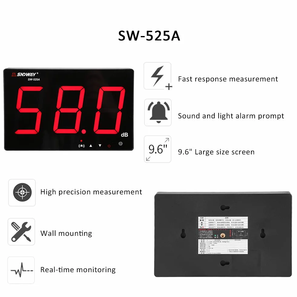 Wall-mounted Sound Decibel Meter,Fast Responding Real Time Monitoring 9.6 Inch LCD Digital Display Environmental Noise Volume Meter 30~130dB