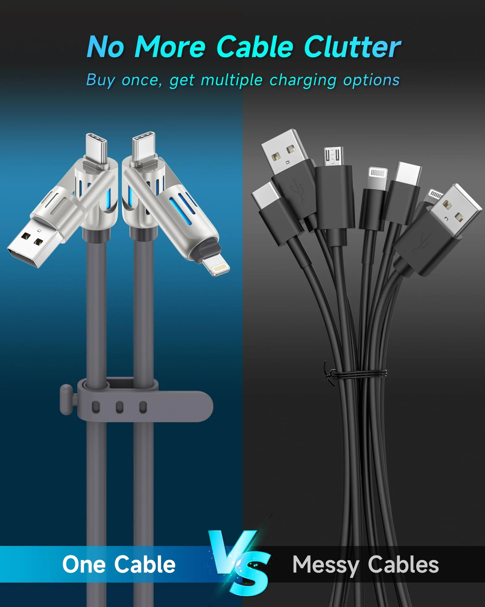 RAVIAD Multi kabel USB 4 w 1, uniwersalny kabel do ładowania [3M] 240 W, USB do szybkiego ładowania z oświetleniem RGB LED, USB C/USBA na Lightning, USBC/USBA na USBC do iPhone 16/15/14, Galaxy 24/23