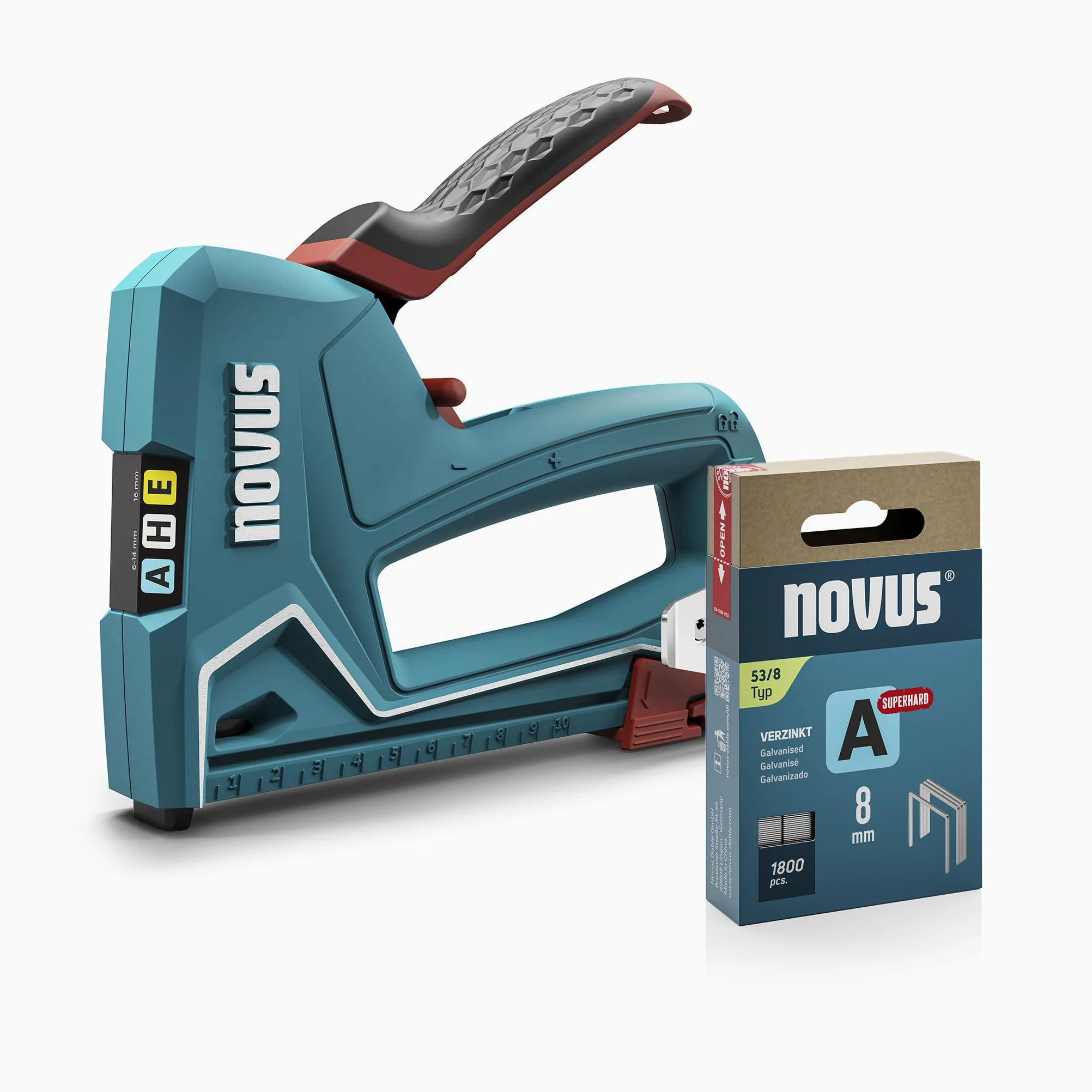 NOVUS TOOLS Zszywacz ręczny J-50, zestaw z 1800 zszywkami, profesjonalny zszywacz do drewna z aluminiową obudową, regulacja siły uderzenia, ogranicznik dystansowy │ do zszywek z drutu drobnego 6-14 mm