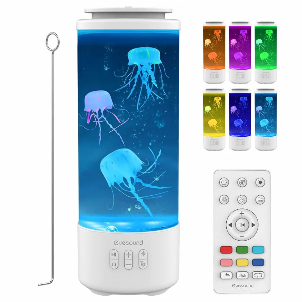Lampa z meduzami, do akwarium, 7 zmian kolorów, 4 tryby świecenia, lampa lawowa, meduzy, głośnik Bluetooth, z pilotem zdalnego sterowania, dekoracja domu (biała)