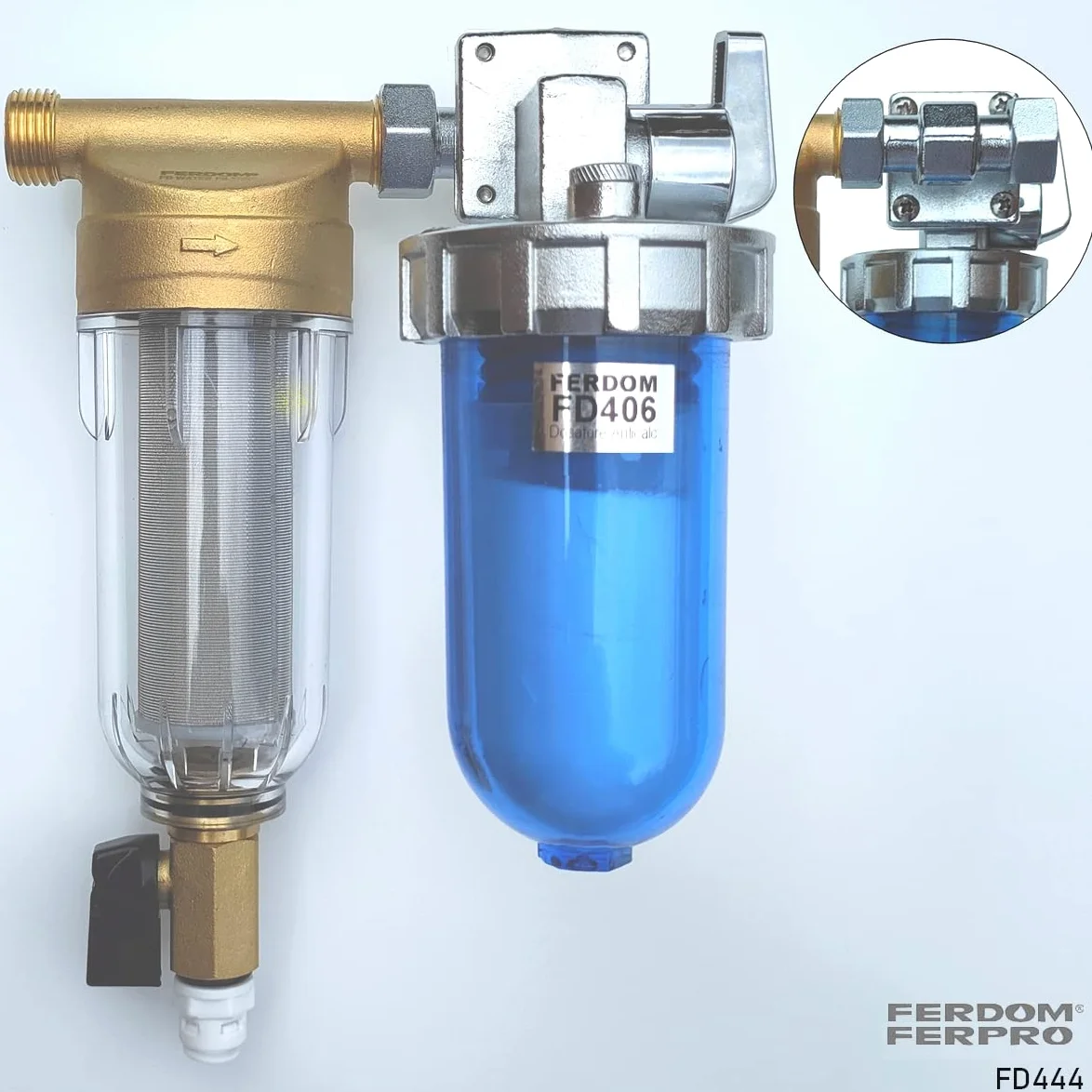 ZESTAW OCHRONY INSTALACJI FD444 FERDOM. 2 w 1. Filtr Wstępny, Osadowy Typu Spin-Down z Siatką Inox 40-60 μm (FD244) + Dozownik/Podajnik Proporcjonalny do Wody Wodociągowej, Dodatkowe Wkłady (FD406).