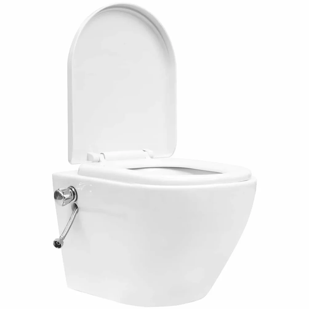 Toaleta ścienna bez krawędzi z białym ukrytym ceramicznym zbiornikiem, miękkie zamknięcie, ekonomiczne podwójne spłukiwanie 3-4,5L/6-9L, toaleta z wbudowaną dyszą bidetową, powierzchnia