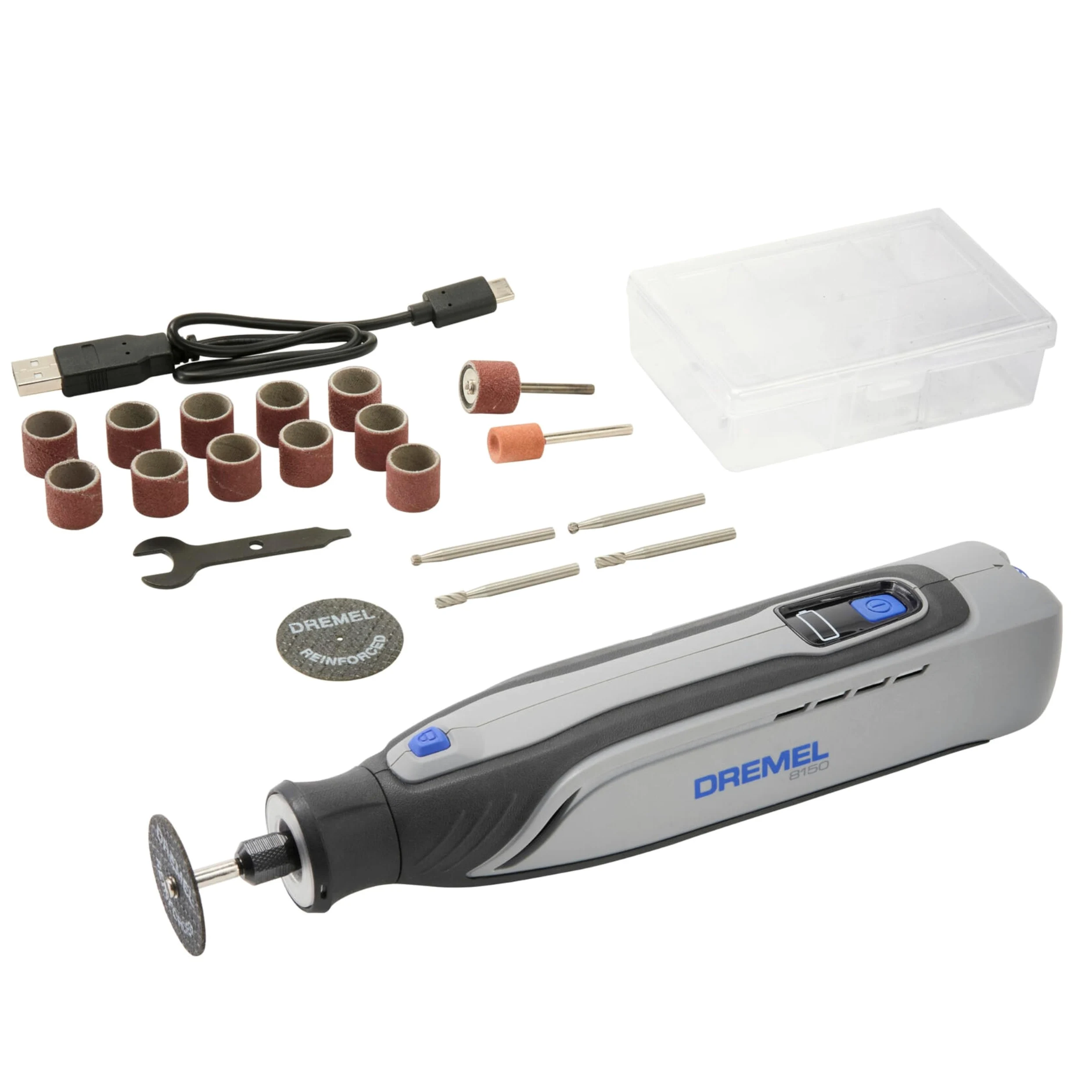 Dremel 8150 Zestaw z akumulatorowym bezszczotkowym narzędziem obrotowym, akumulator 7,2V 2Ah USB-C, 20 akcesoriów, regulacja prędkości obrotowej 5000–30000 obr./min, oświetlenie LED, cięcie, ścieranie