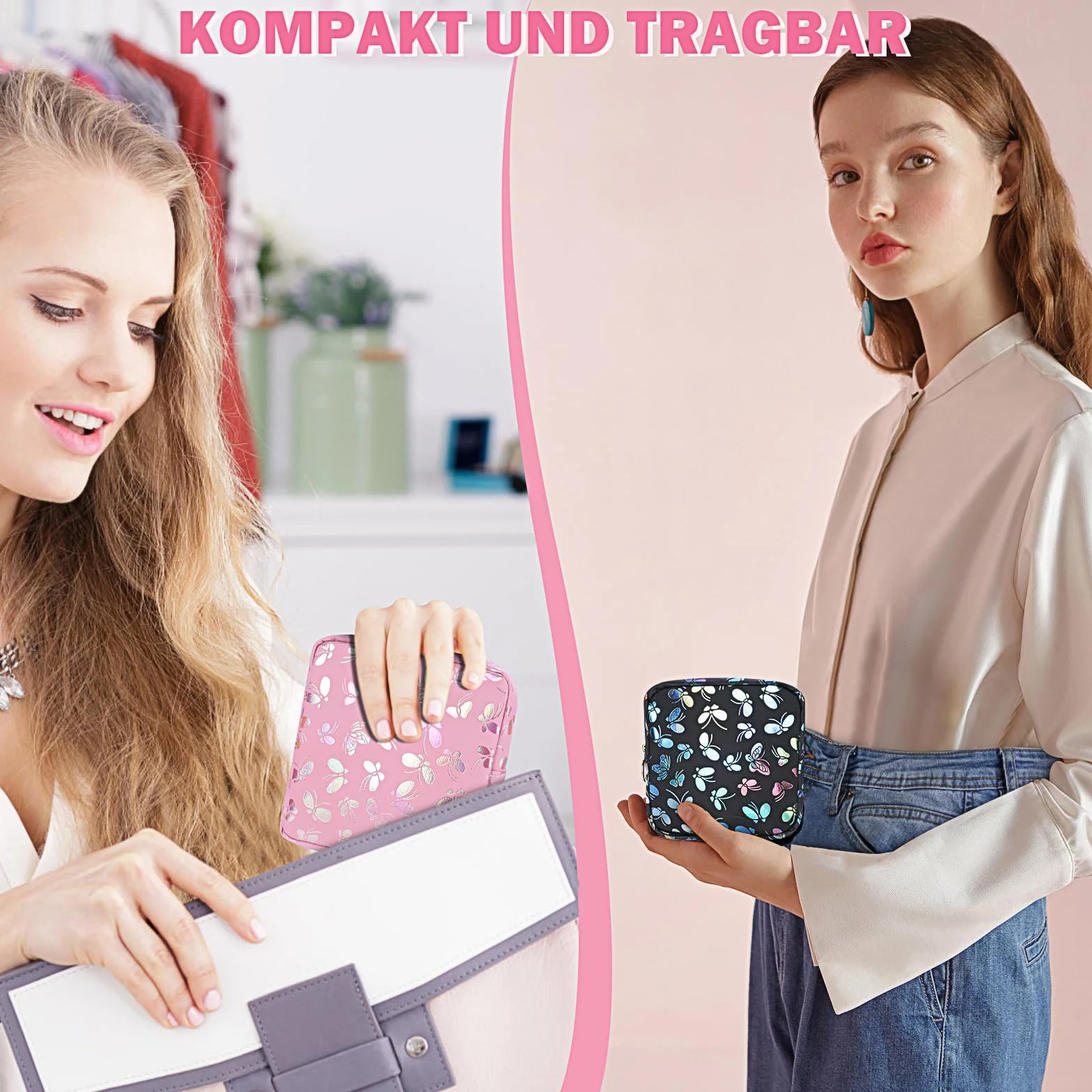 Likesing 2 sztuki mini kieszonek na okres, wodoszczelna torba do przechowywania podpasek damskich, przenośna filiżanka menstruacyjna, uchwyt na tampon, torba menstruacyjna, czarna i różowa
