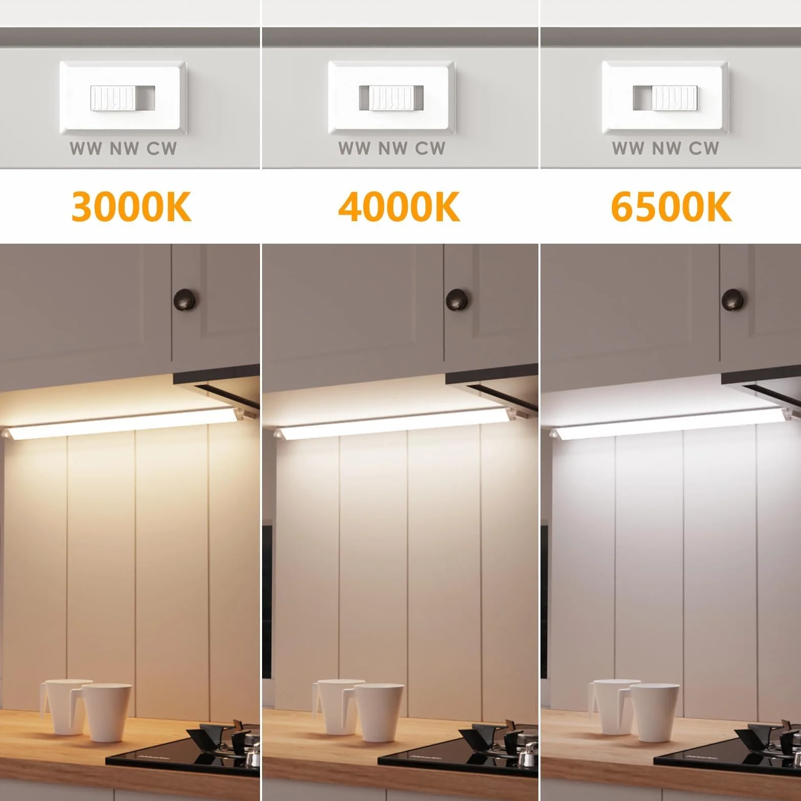 ENUOTEK Oświetlenie Szafki LED 230V Obrotowa, 54.5cm Lampa Podszafkowa Kuchennna, 3 Regulowane Kolory Światła 3000K 4000K 6500K, 8W 750 Lm, Do Kuchni i Łazienki