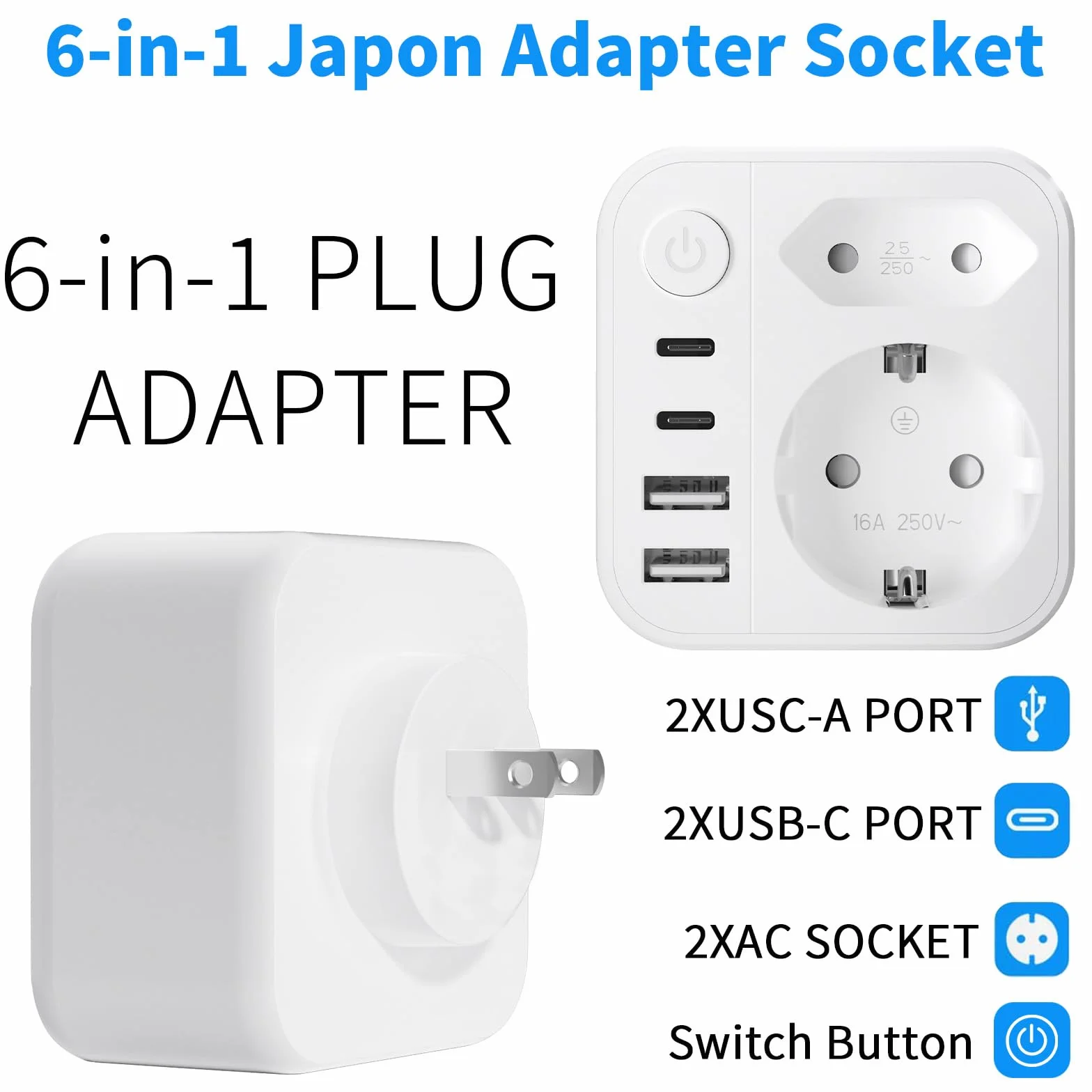 Adapter podróżny 2500 W 2 USB A USB C Schuko typ A do Japonii USA Kanady biały