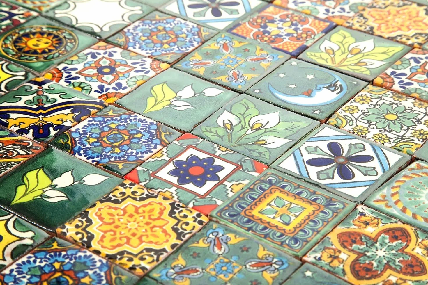 Verdicino Meksykańskie płytki 5 x 5 cm, 120 sztuk, płytki łazienkowe i kuchenne Talavera , dekoracja łazienki, prysznica, schodów, tylnej ścianki kuchennej, płytki cementowe, marokańskie wzory