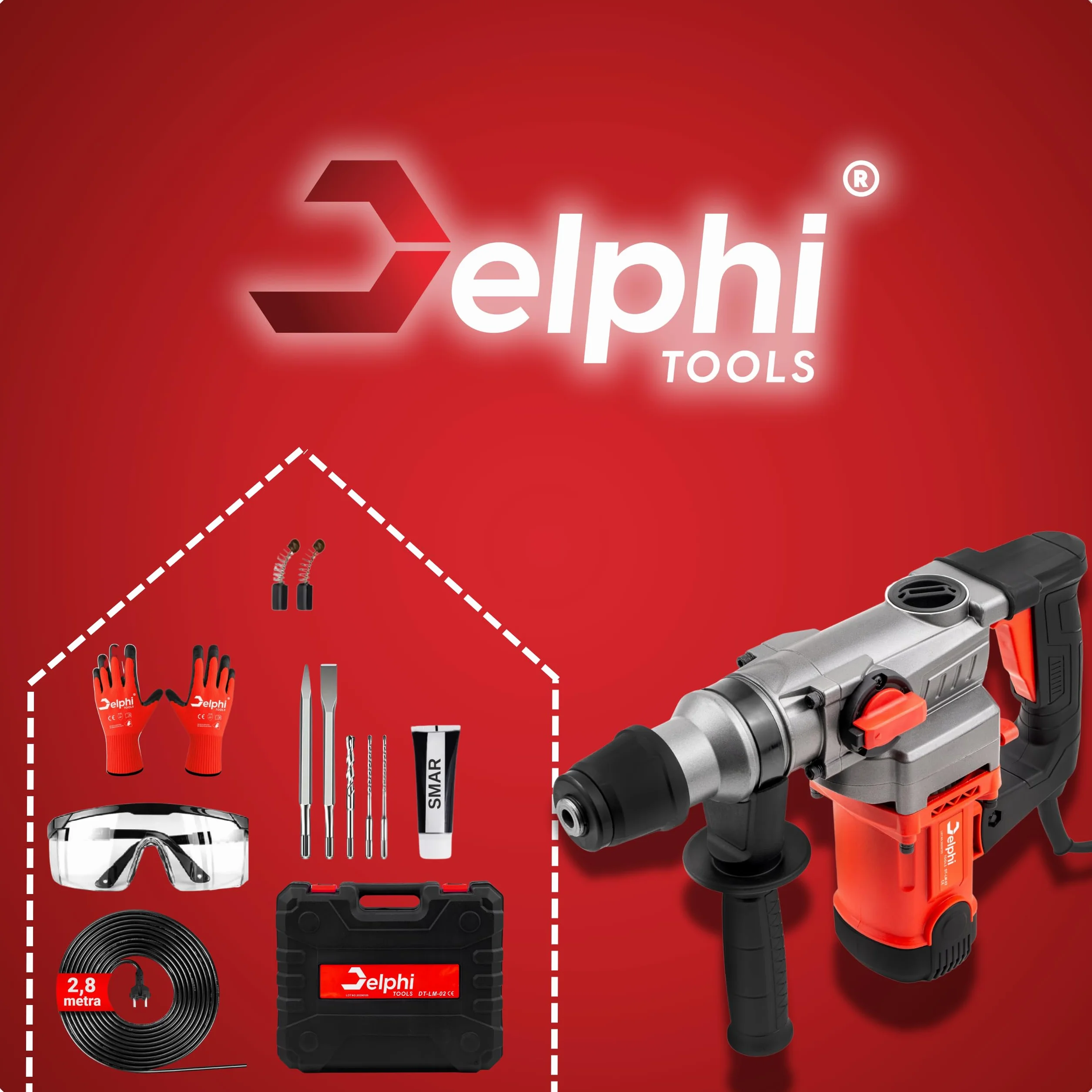 Delphi SDS Plus Młot udarowo-obrotowy 2200 W – młot wyburzeniowy i wiertarka udarowa SDS+, 3 funkcje w jednym narzędziu, 880 obr./min, zestaw wierteł i dłut, akcesoria i walizka
