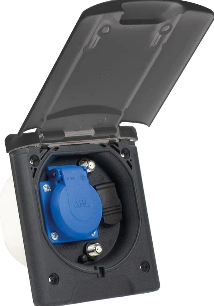 as - Schwabe wielofunkcyjne, 1 gniazdo uziemienia 230 V/16 A + 2 gniazda SAT + 1 x 12 V DC, z zamknięciem magnetycznym, IP44, wyprodukowane w Niemczech, antracytowo-szary I 62475