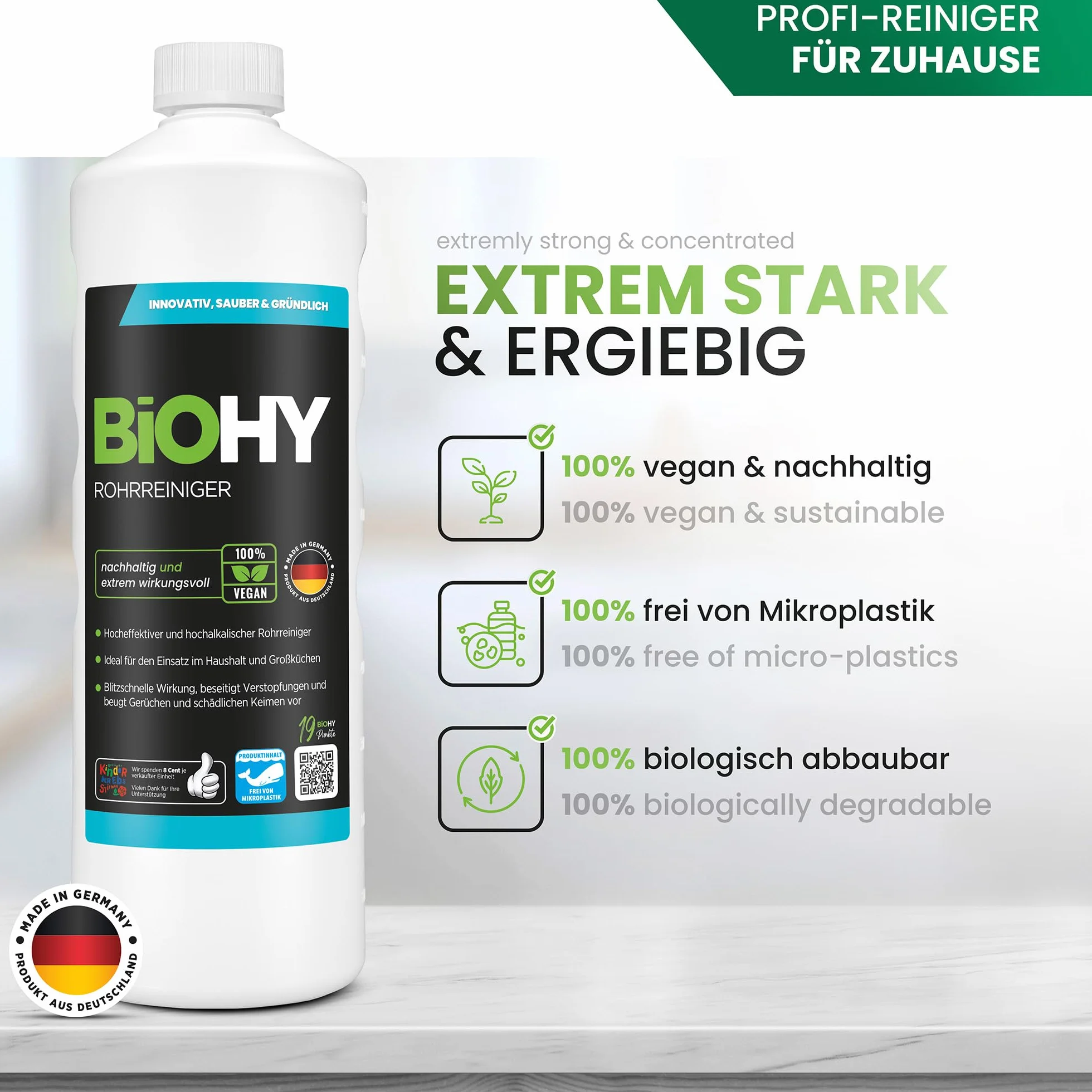 BiOHY Czyścik do rur (butelka 1l) | BARDZO MOCNY | Płynny, silnie skoncentrowany środek do czyszczenia odpływów | Bezwonny | Do wszystkich zatorów (Rohrreiniger)