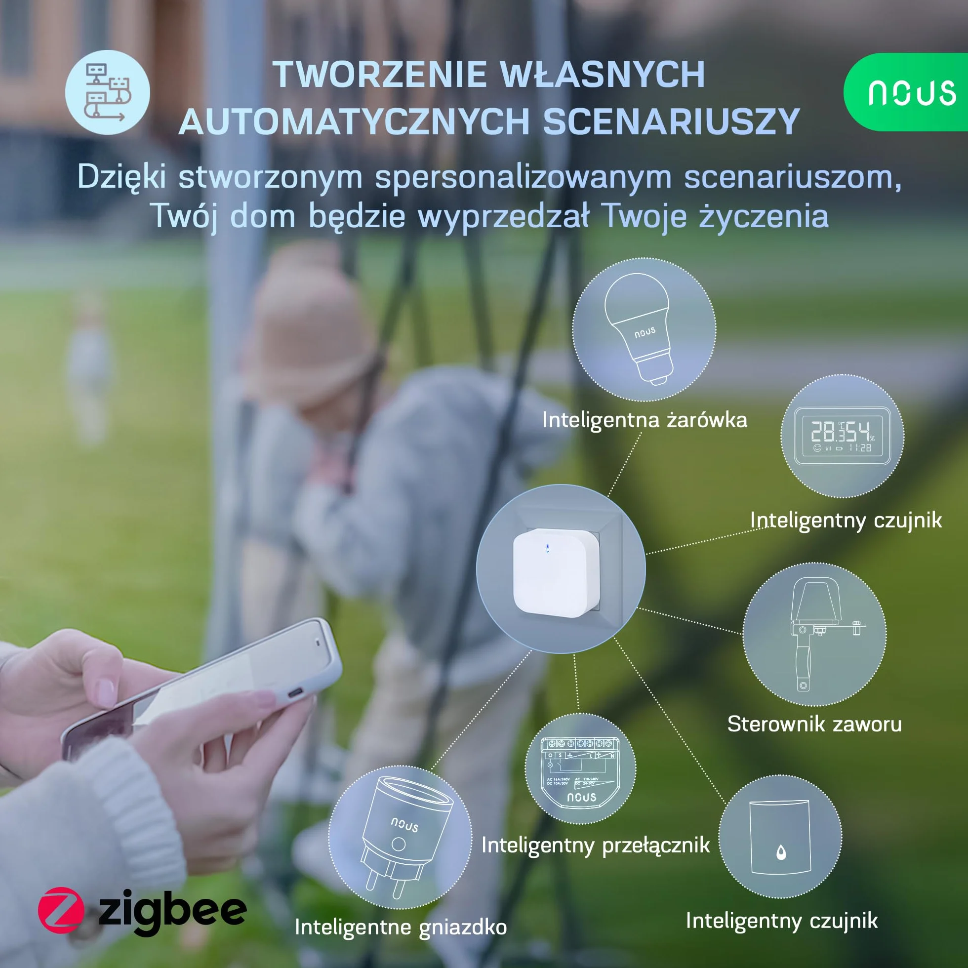 NOUS E1 ZigBee Gateway, koncentrator ZigBee / Bluetooth, ZigBee Bridge, ZigBee Smart Home, ZigBee Gateway Alexa, Gateway ZigBee Smart Home, ZigBee 3.0, Bluetooth, aplikacja Smart Life/Tuya