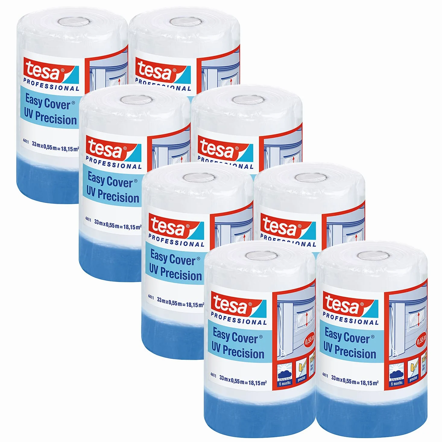 tesa Easy Cover 4411 UV precyzyjna - opakowanie 8 szt. - folia malarska z taśmą malarską do oklejania i przykrywania - taśma malarska 2 w 1 z folią - biało-przezroczysta - po 33 m x 0,55 m