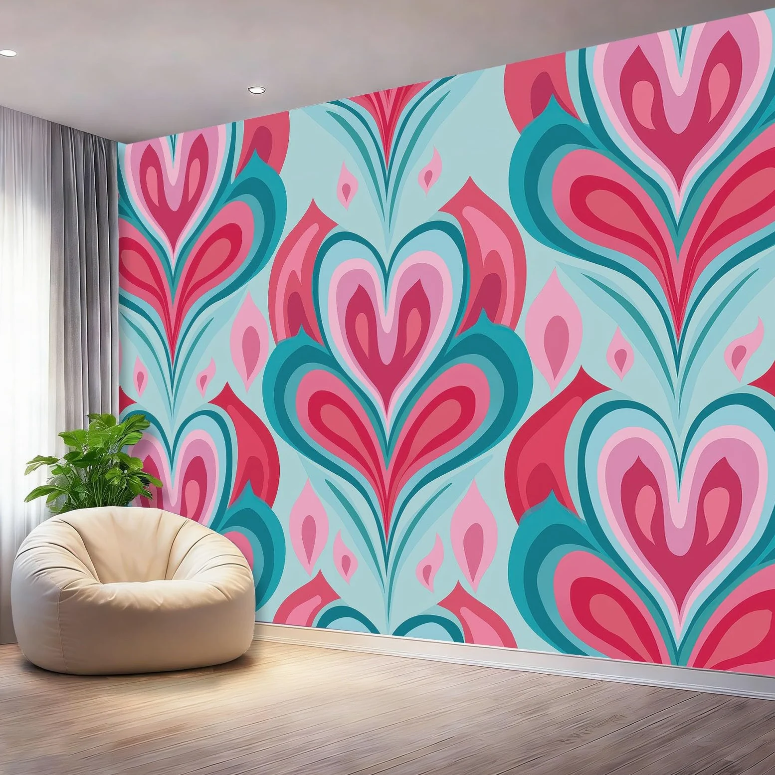 Fototapeta Abstrakcyjne Różowe Serce Tapety Malowidła Zielony Plakat Z Spiralnym Liśćmi Wzór Fotograficzny Do Sypialni Salonu Tv Ściana 300 x 210 cm