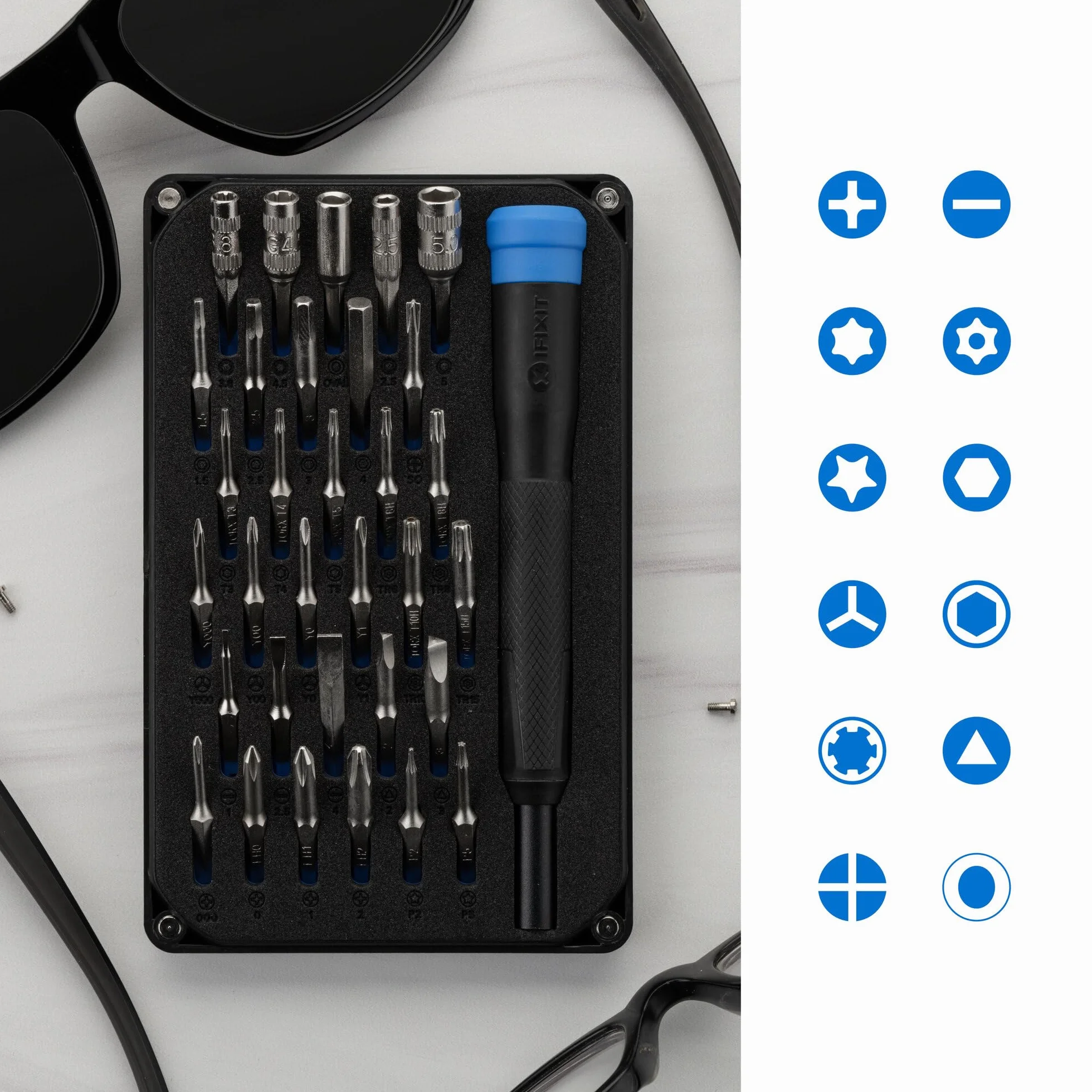 iFixit Moray Precision Bit Set, zestaw bitów z 32 precyzyjnymi bitami (4 mm) i śrubokrętem do naprawy smartfonów, konsol, laptopów i innych urządzeń